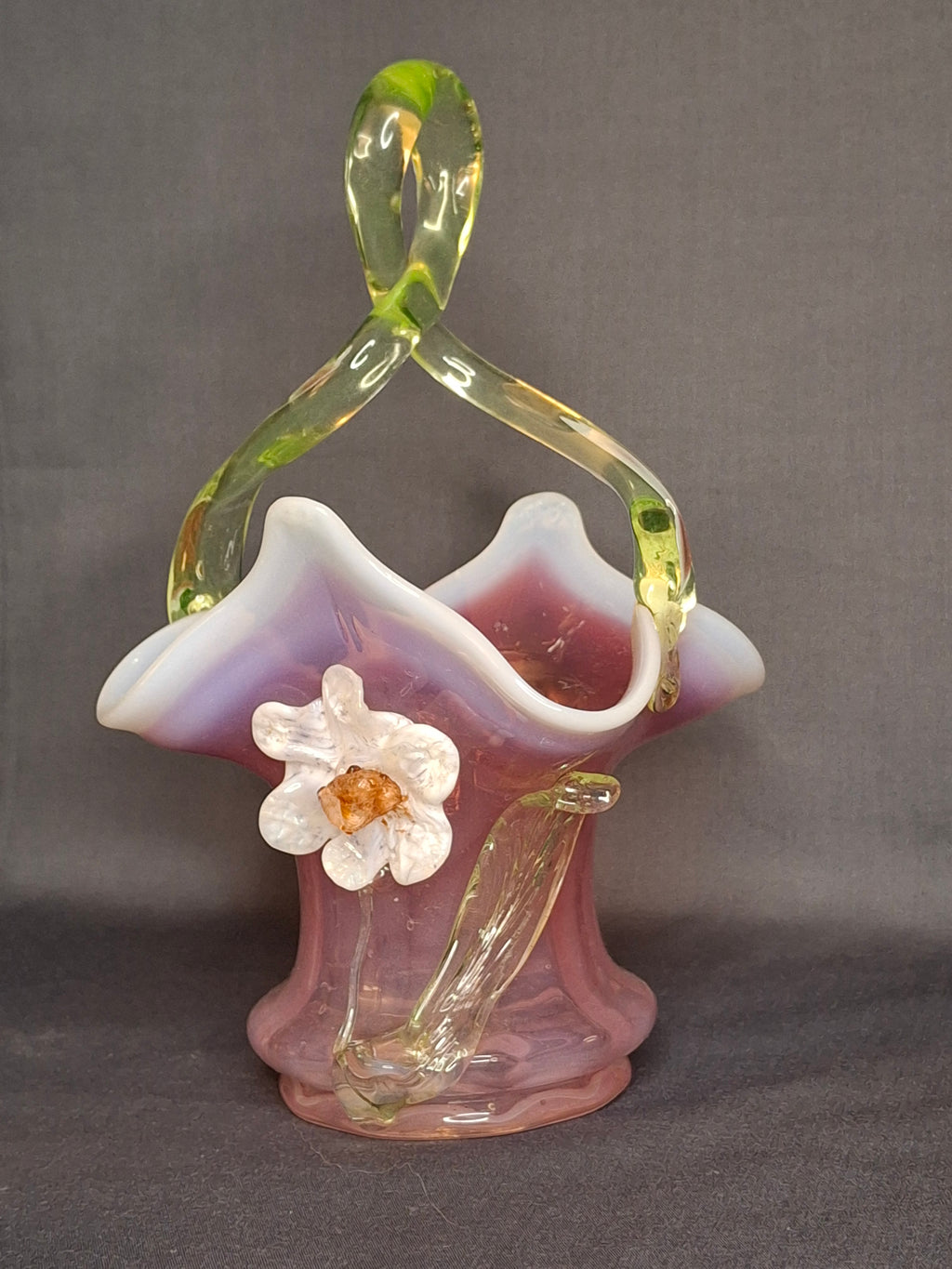 Antique Stevens & Williams Art Glass Basket - Pink Opalescent Cased Glass - Applied Flower & Stem - Uranium Vaseline Glass Handle - Circa 1880s - Stourbridge England