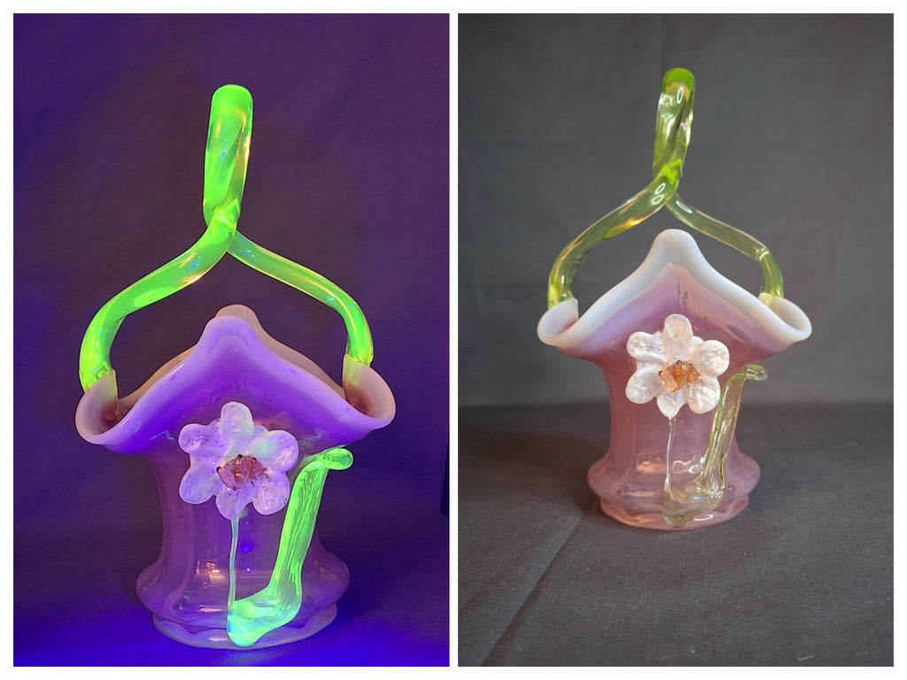 Antique Stevens & Williams Art Glass Basket - Pink Opalescent Cased Glass - Applied Flower & Stem - Uranium Vaseline Glass Handle - Circa 1880s - Stourbridge England