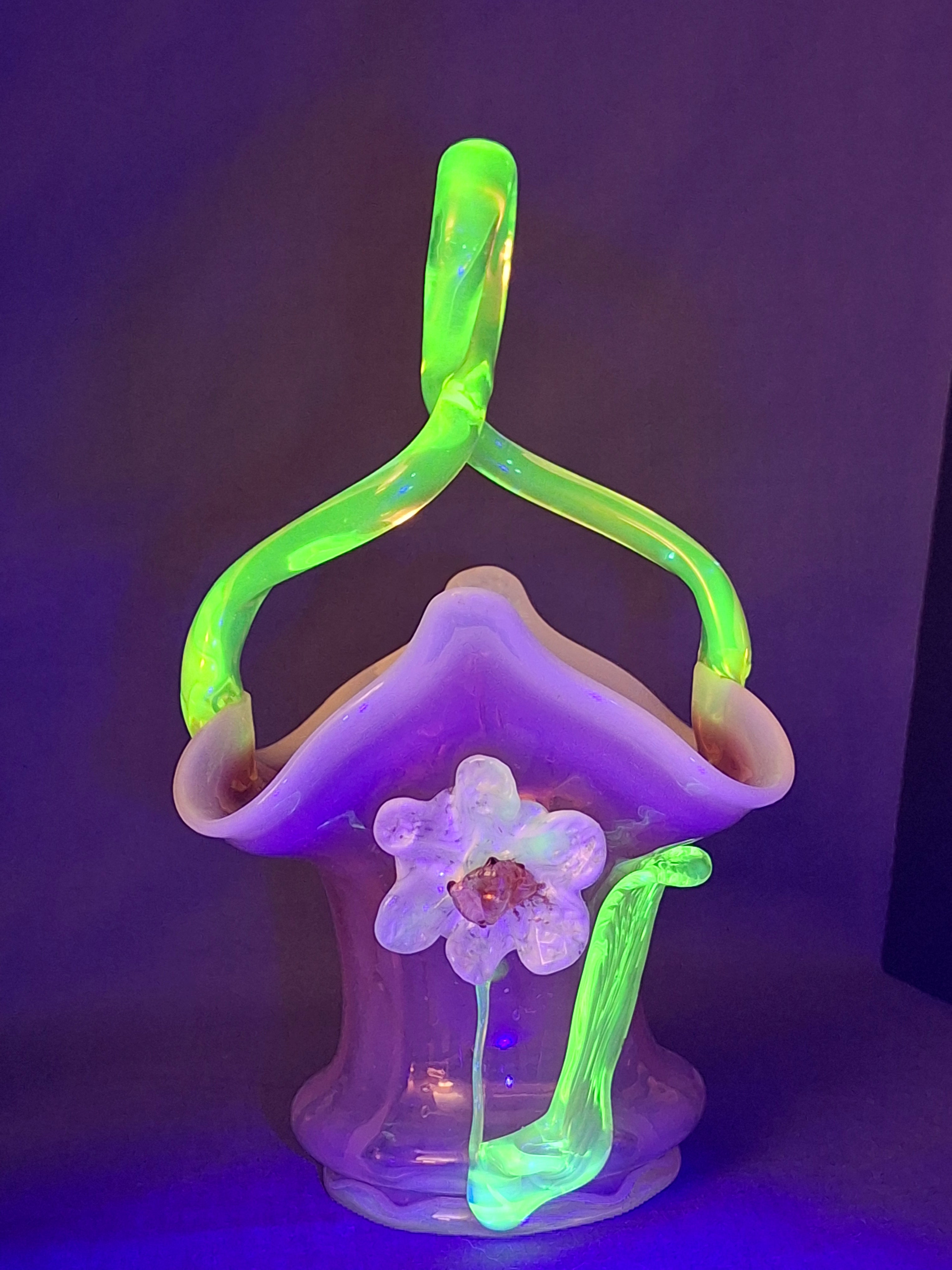 Antique Stevens & Williams Art Glass Basket - Pink Opalescent Cased Glass - Applied Flower & Stem - Uranium Vaseline Glass Handle - Circa 1880s - Stourbridge England