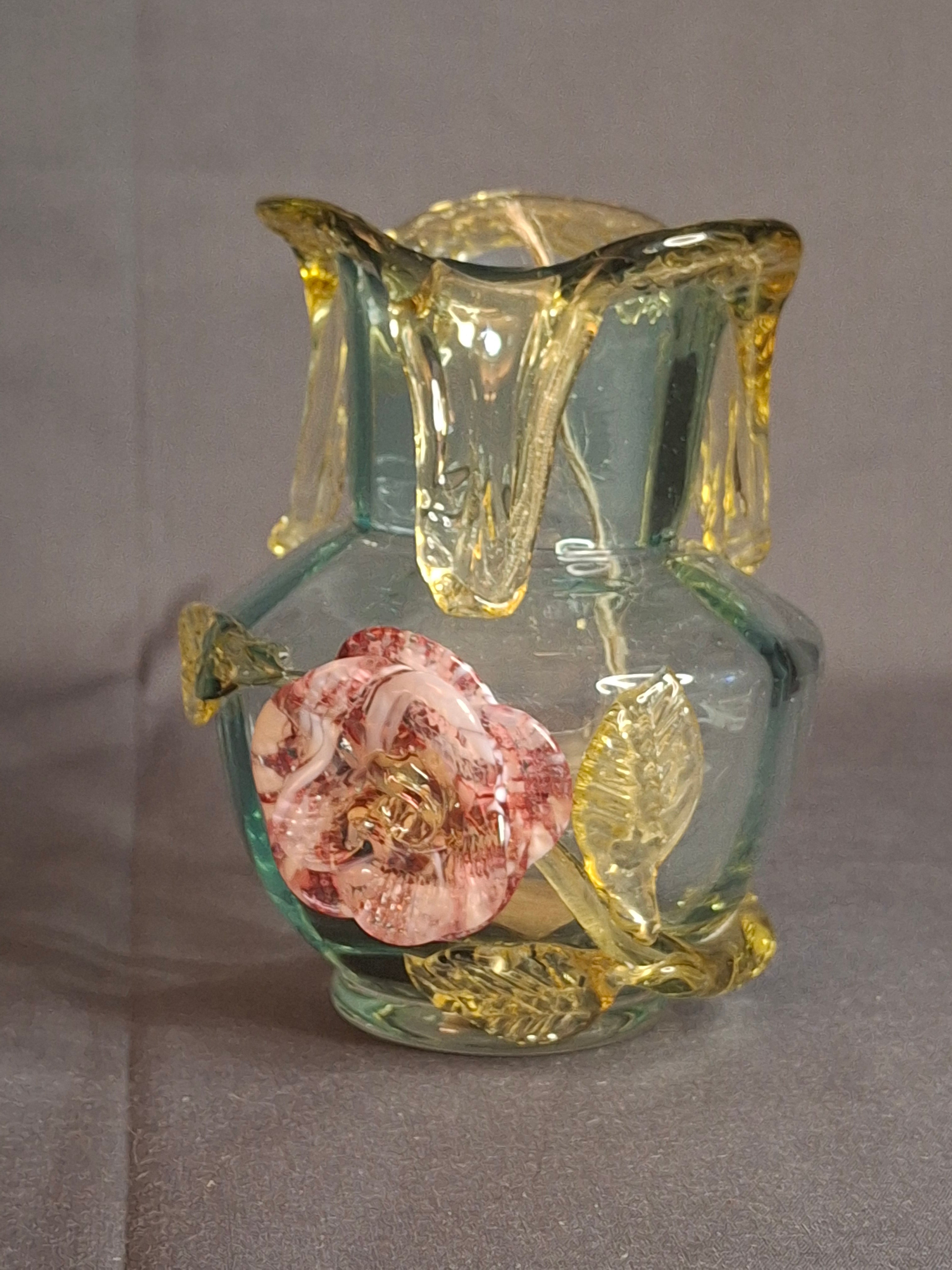 Rare Stevens & Williams Uranium Glass Bud Vase Applied Rose & Rigaree Feet c 1880