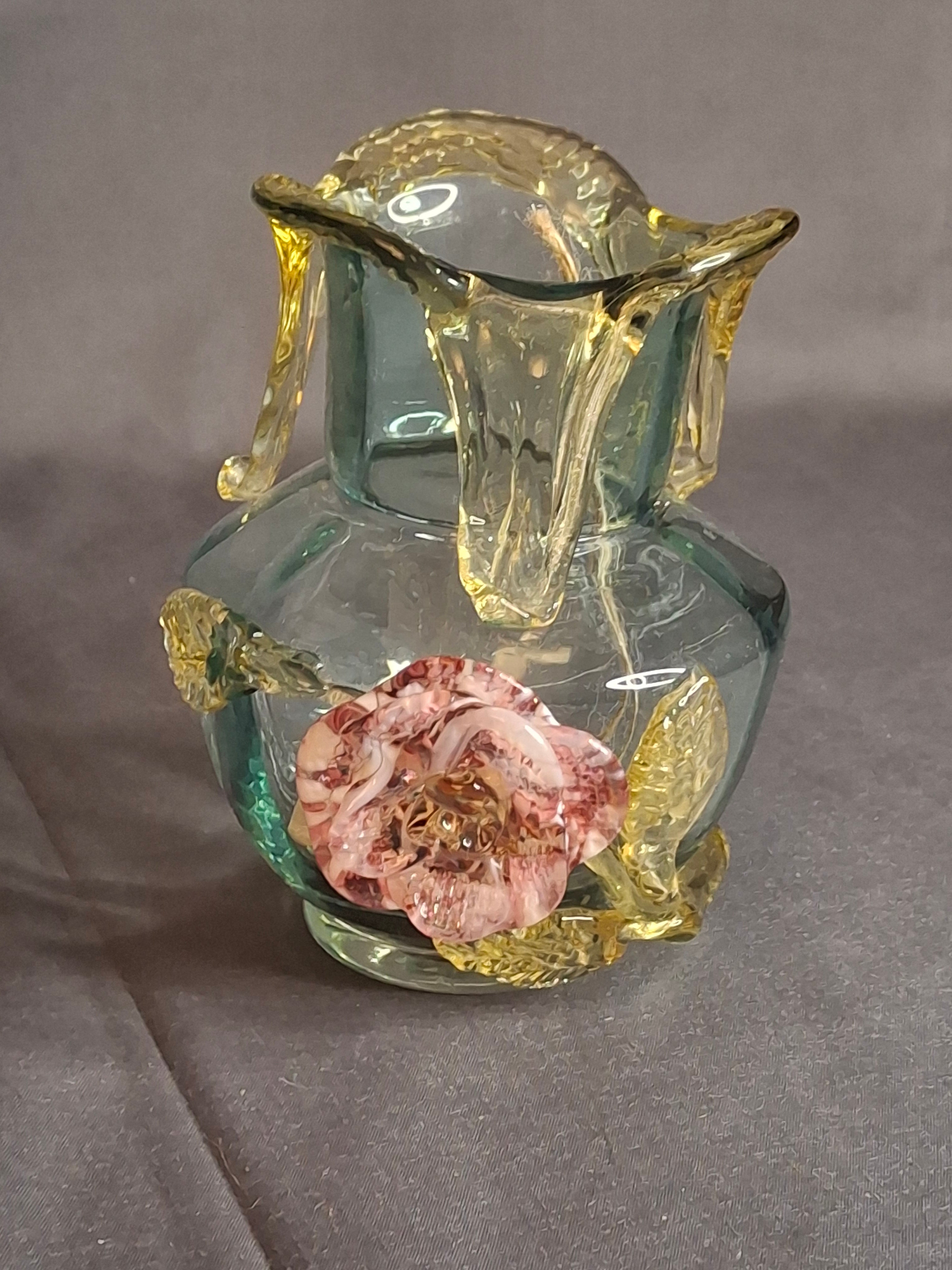 Rare Stevens & Williams Uranium Glass Bud Vase Applied Rose & Rigaree Feet c 1880