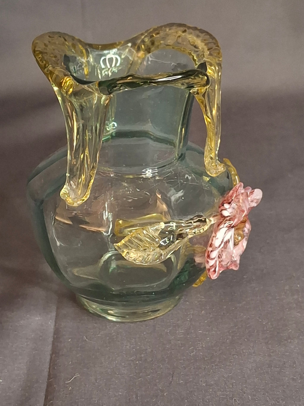 Rare Stevens & Williams Uranium Glass Bud Vase Applied Rose & Rigaree Feet c 1880