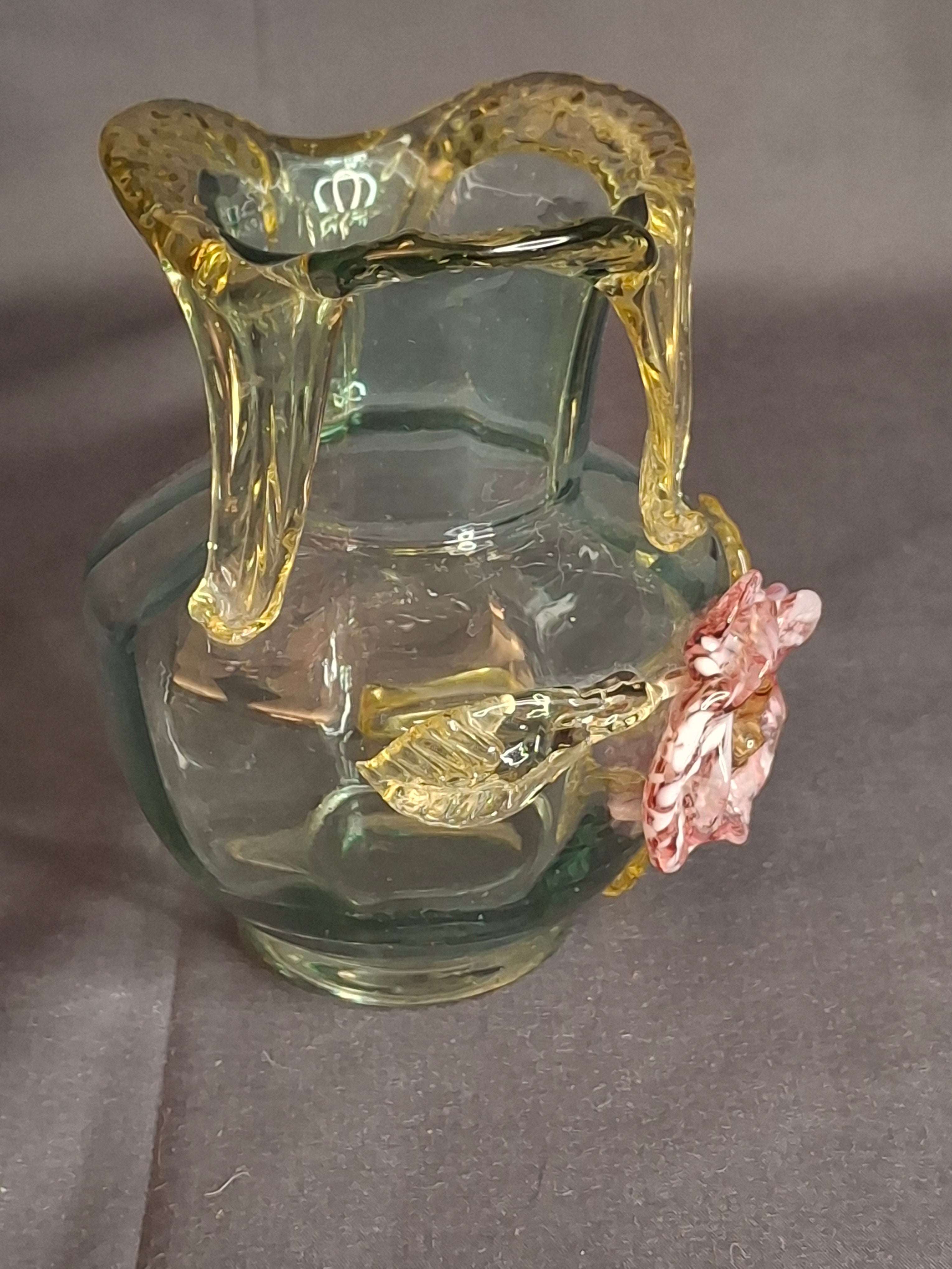 Rare Stevens & Williams Uranium Glass Bud Vase Applied Rose & Rigaree Feet c 1880