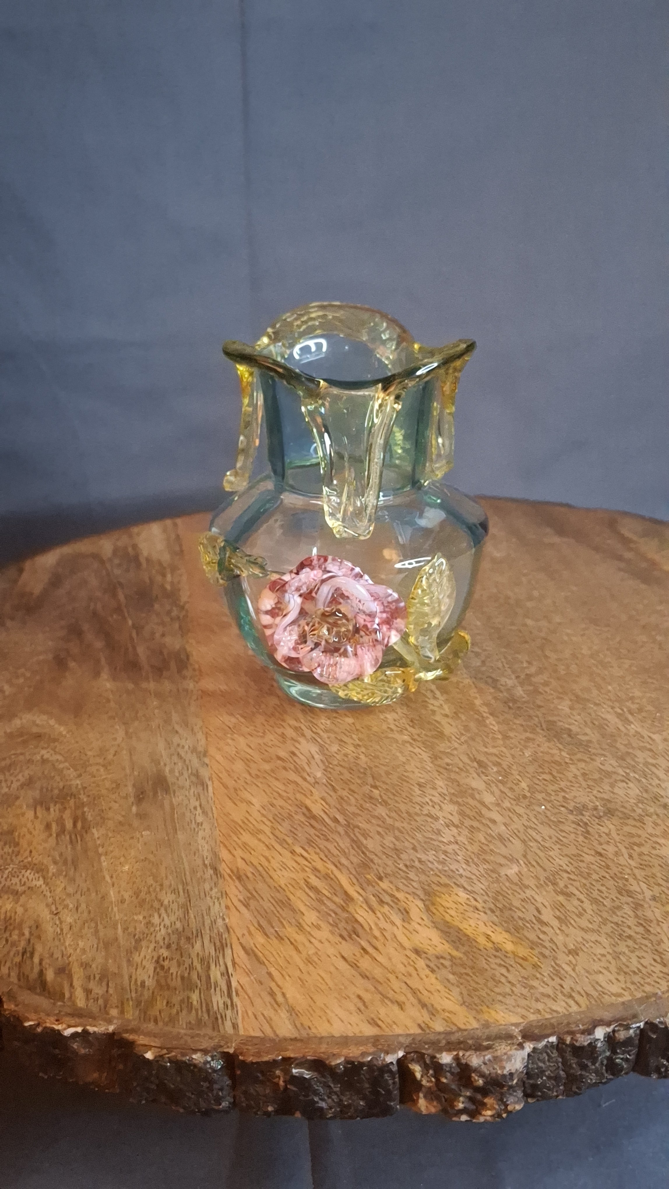 Rare Stevens & Williams Uranium Glass Bud Vase Applied Rose & Rigaree Feet c 1880