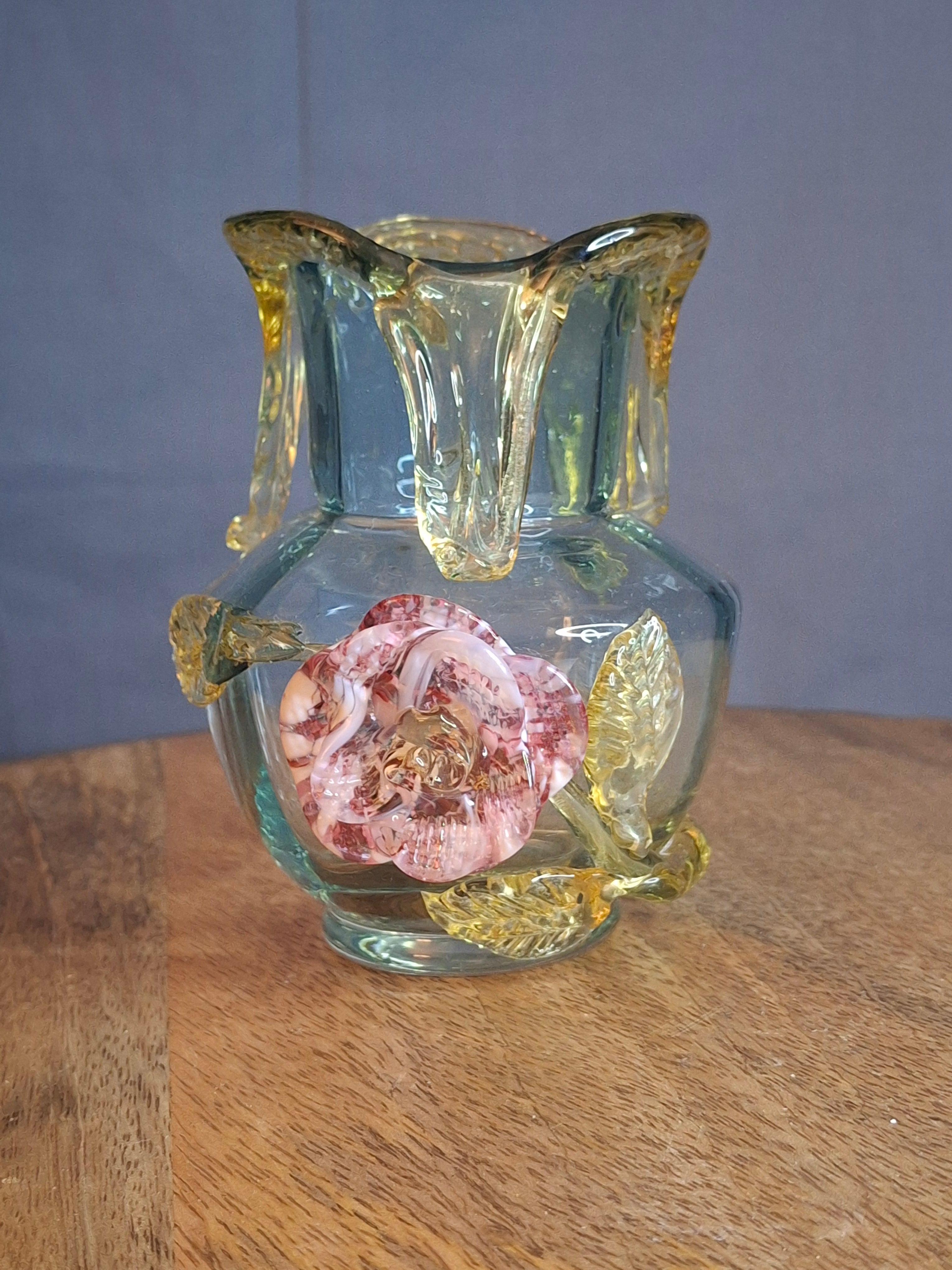 Rare Stevens & Williams Uranium Glass Bud Vase Applied Rose & Rigaree Feet c 1880