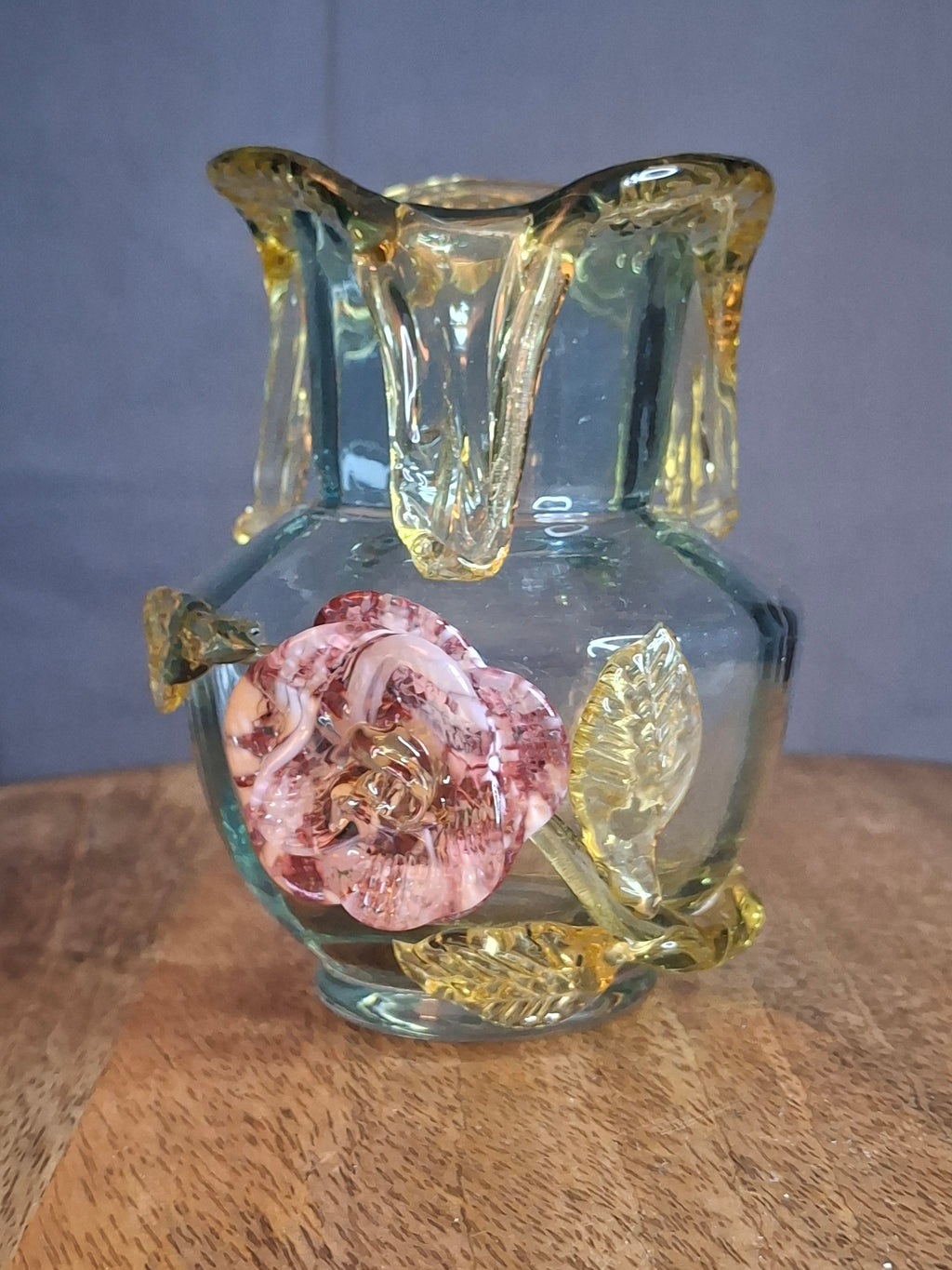Rare Stevens & Williams Uranium Glass Bud Vase Applied Rose & Rigaree Feet c 1880