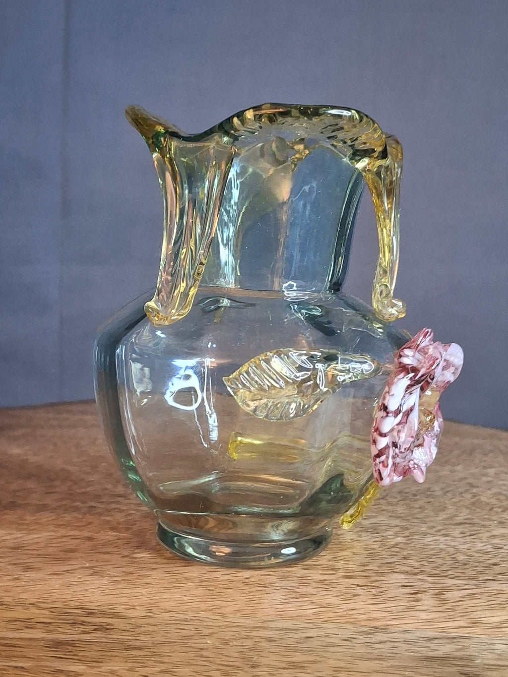 Rare Stevens & Williams Uranium Glass Bud Vase Applied Rose & Rigaree Feet c 1880
