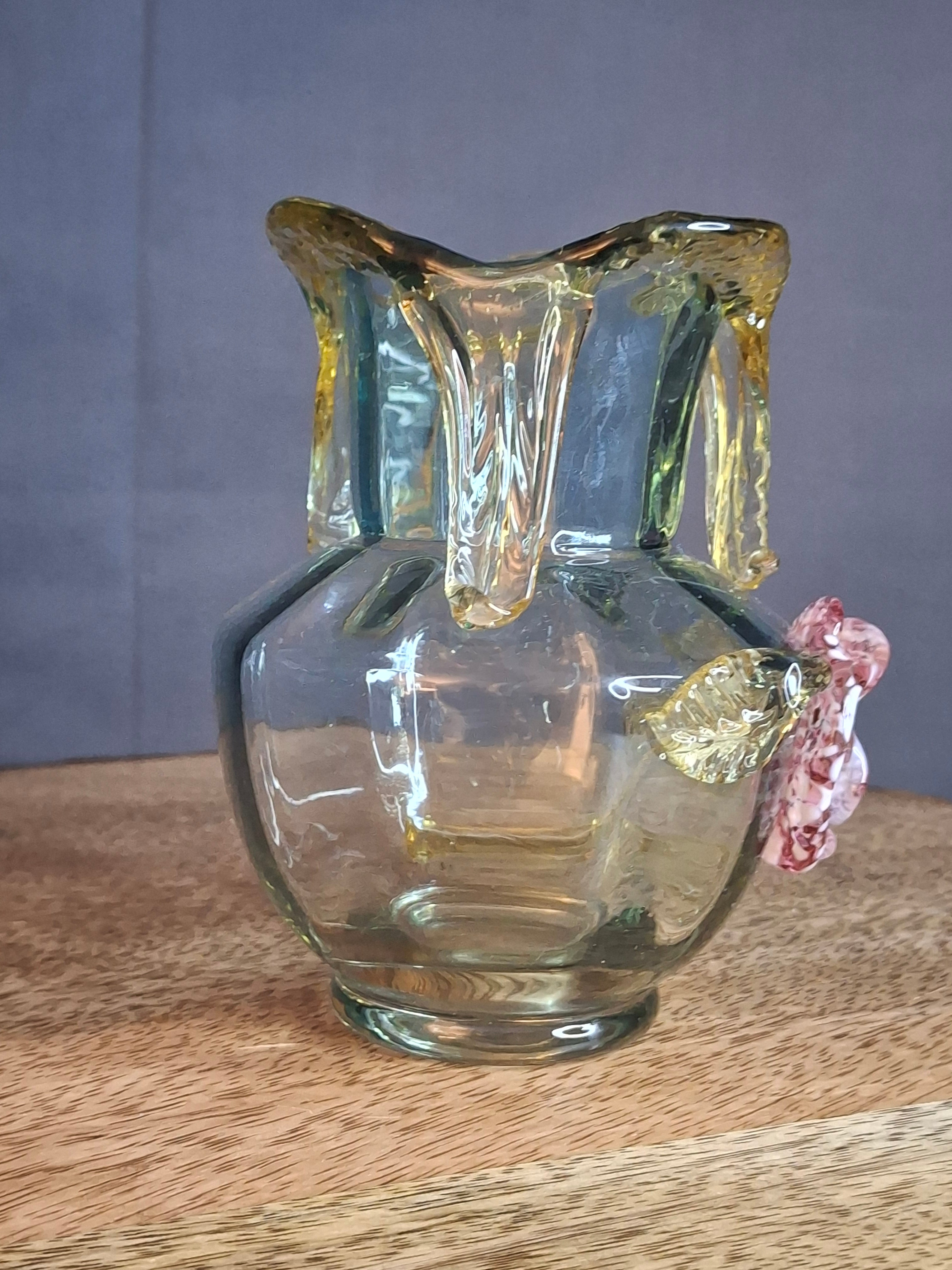 Rare Stevens & Williams Uranium Glass Bud Vase Applied Rose & Rigaree Feet c 1880