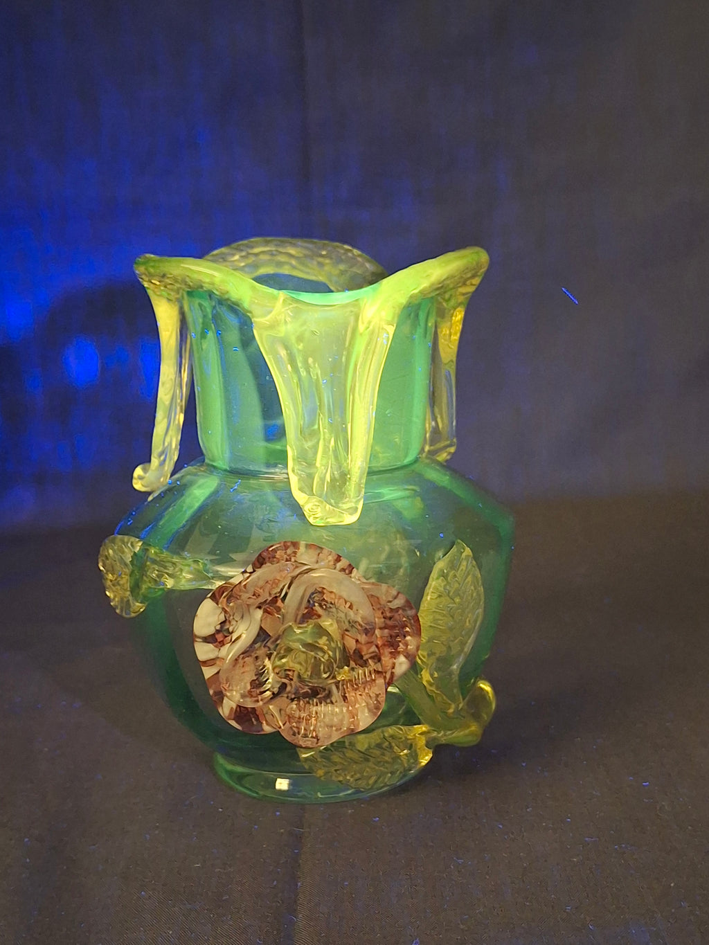 Rare Stevens & Williams Uranium Glass Bud Vase Applied Rose & Rigaree Feet c 1880