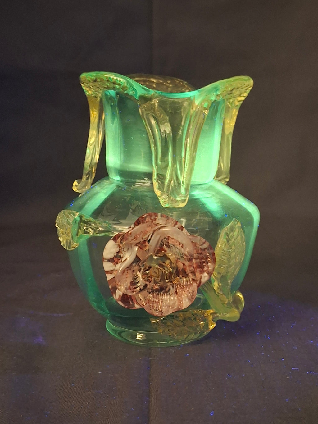 Rare Stevens & Williams Uranium Glass Bud Vase Applied Rose & Rigaree Feet c 1880
