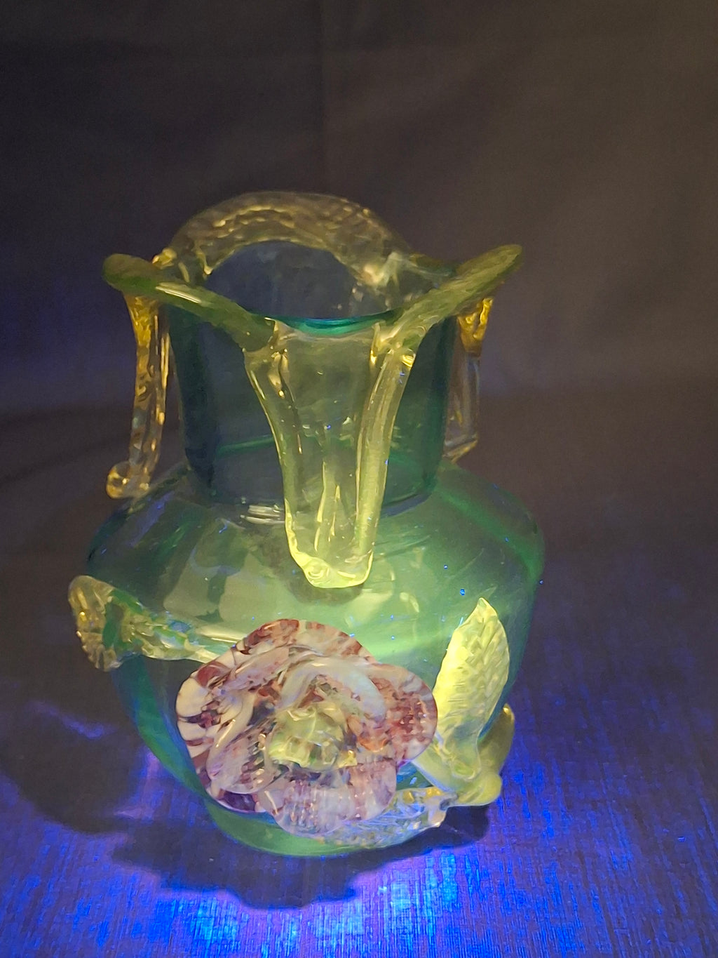 Rare Stevens & Williams Uranium Glass Bud Vase Applied Rose & Rigaree Feet c 1880