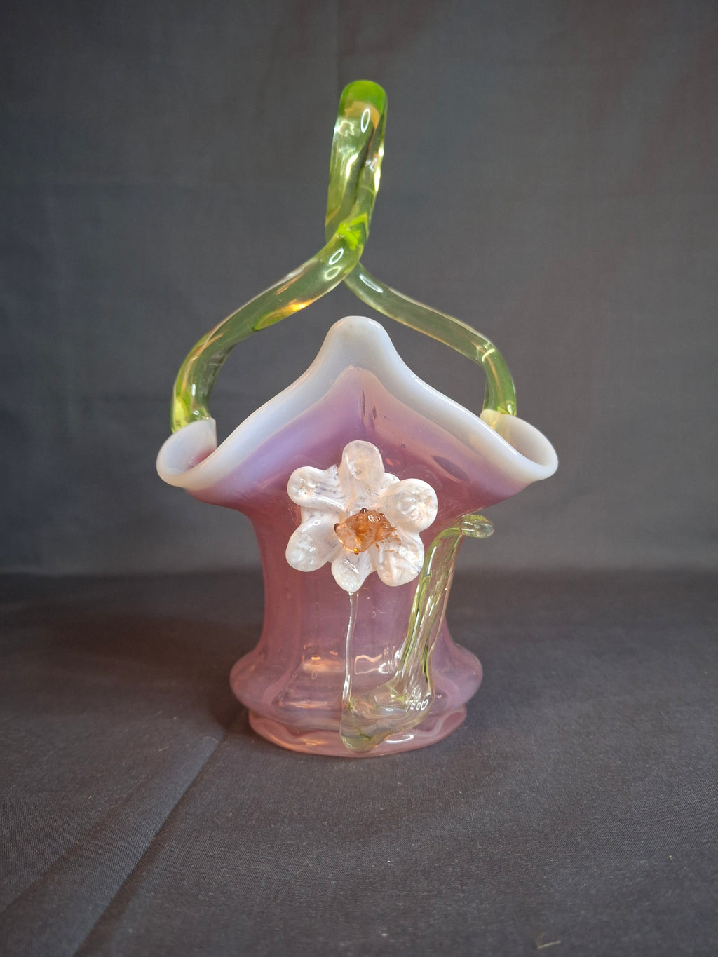 Antique Stevens & Williams Art Glass Basket - Pink Opalescent Cased Glass - Applied Flower & Stem - Uranium Vaseline Glass Handle - Circa 1880s - Stourbridge England