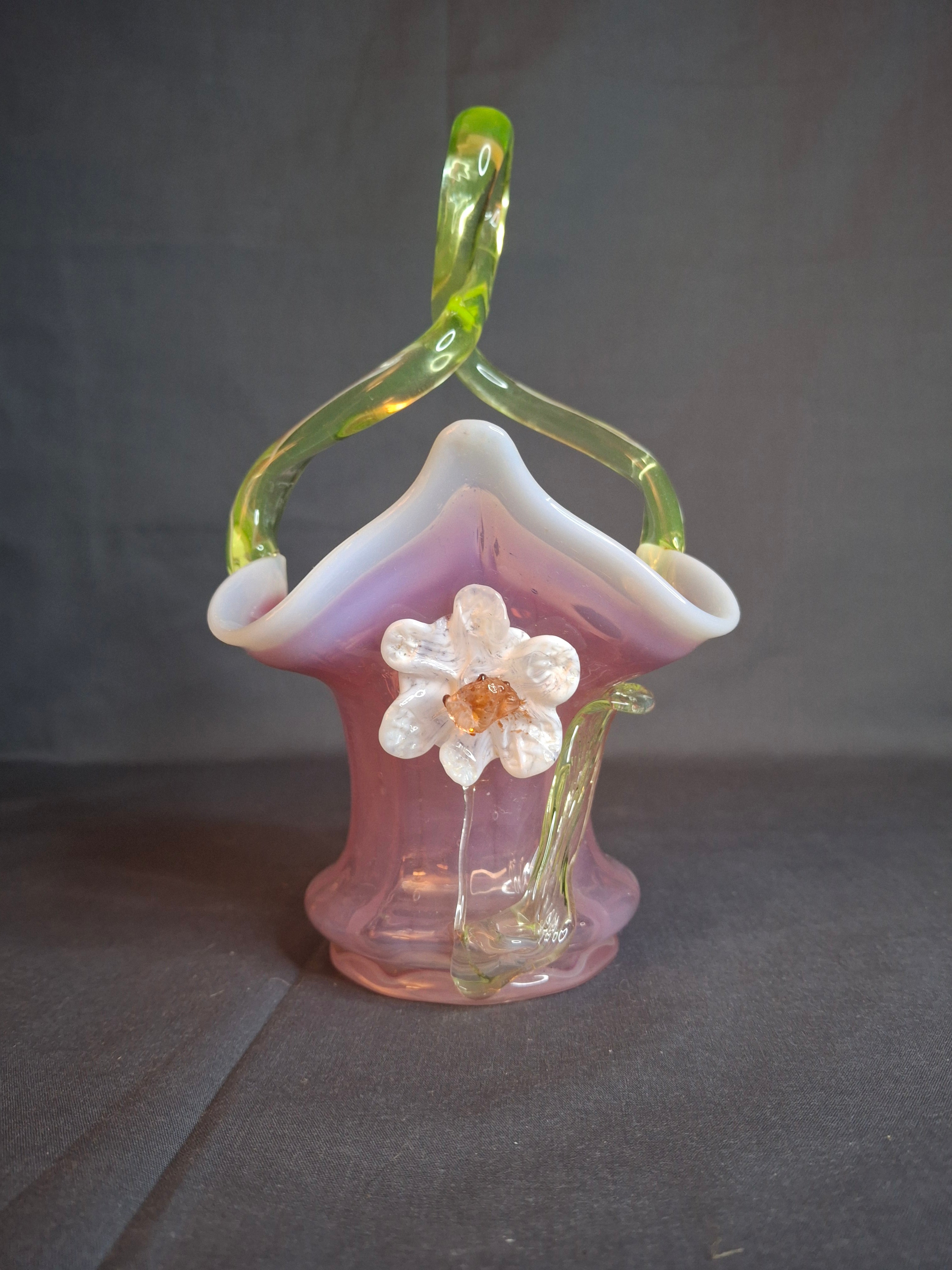 Antique Stevens & Williams Art Glass Basket - Pink Opalescent Cased Glass - Applied Flower & Stem - Uranium Vaseline Glass Handle - Circa 1880s - Stourbridge England