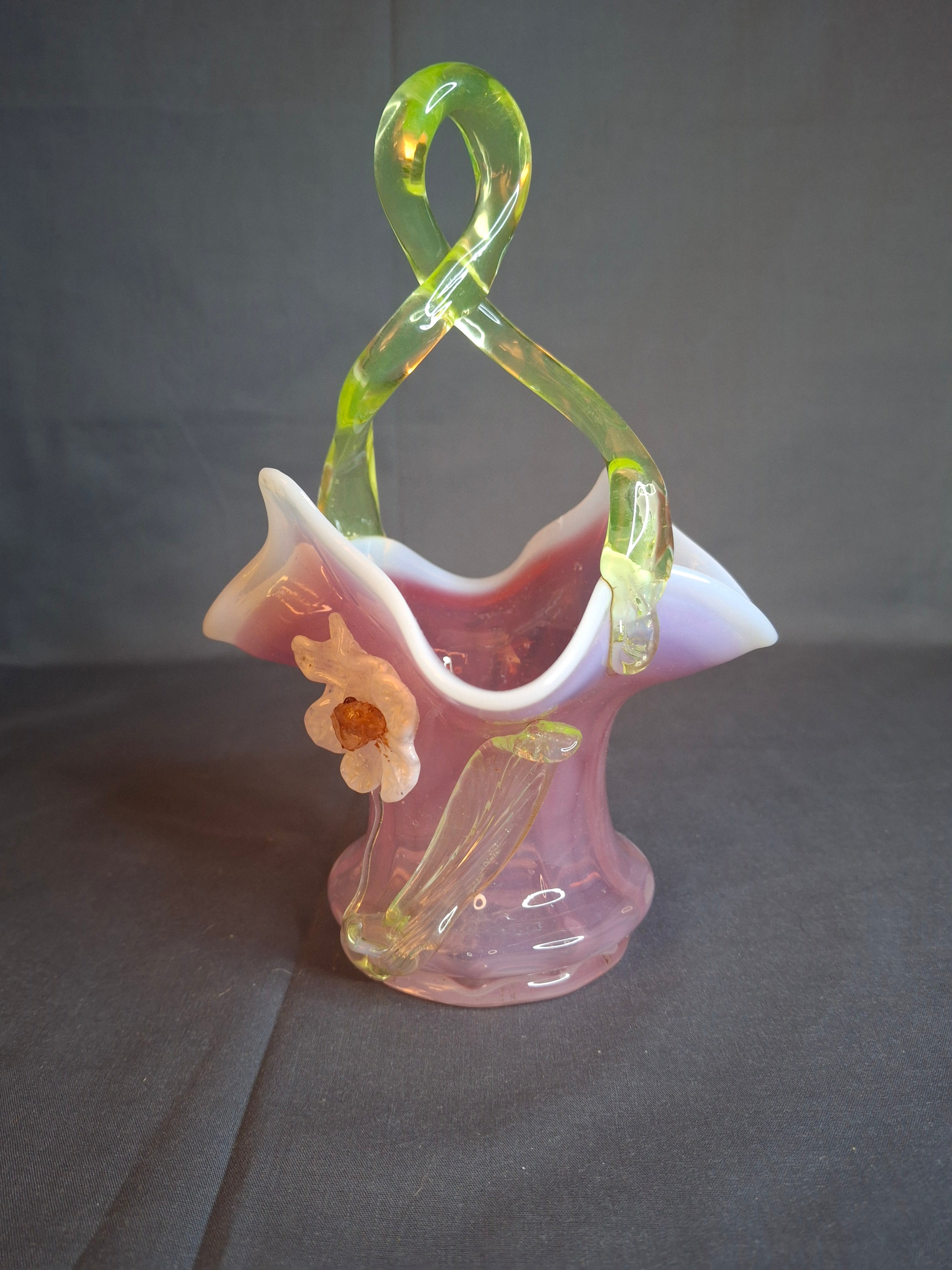 Antique Stevens & Williams Art Glass Basket - Pink Opalescent Cased Glass - Applied Flower & Stem - Uranium Vaseline Glass Handle - Circa 1880s - Stourbridge England