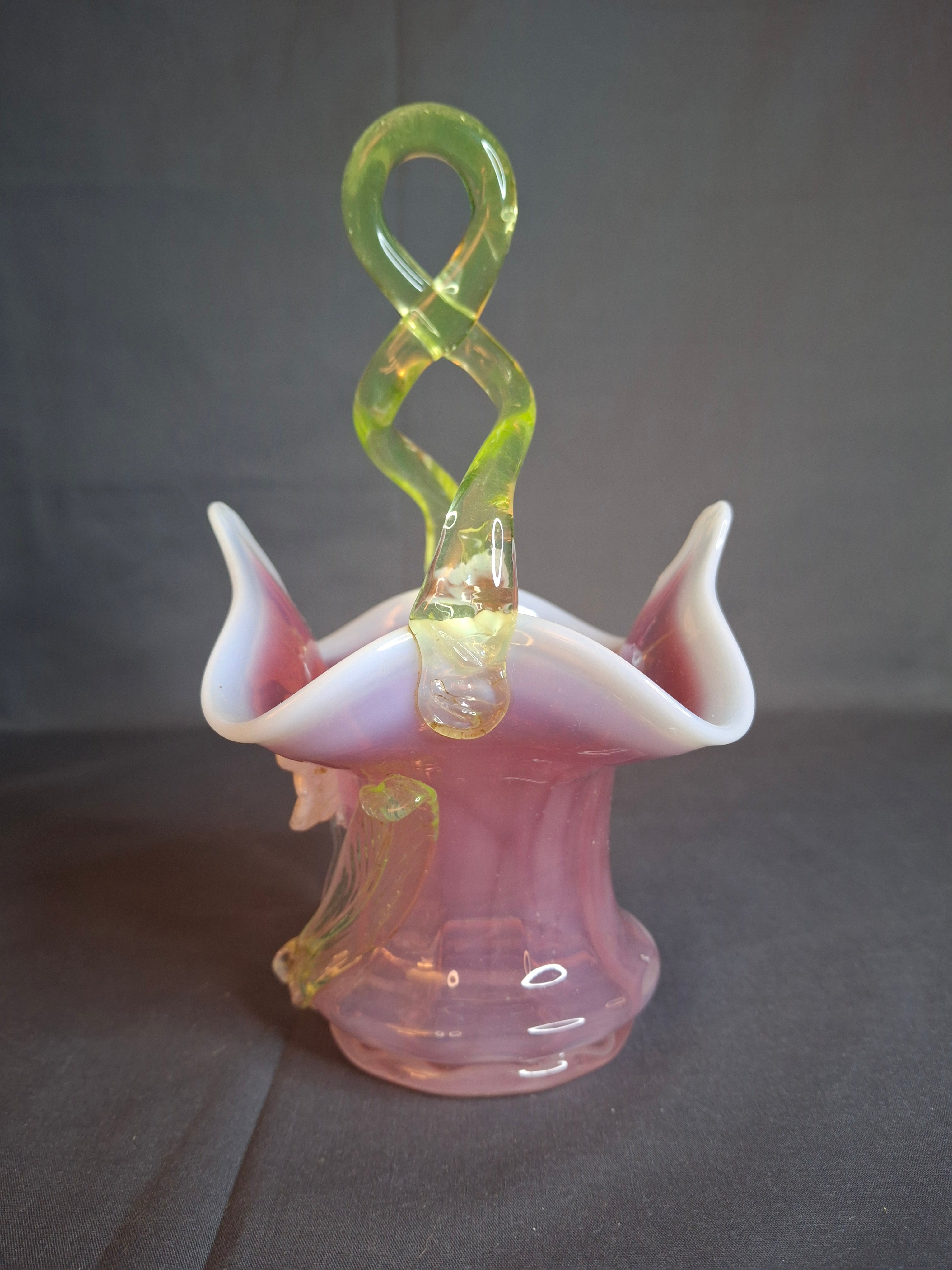 Antique Stevens & Williams Art Glass Basket - Pink Opalescent Cased Glass - Applied Flower & Stem - Uranium Vaseline Glass Handle - Circa 1880s - Stourbridge England