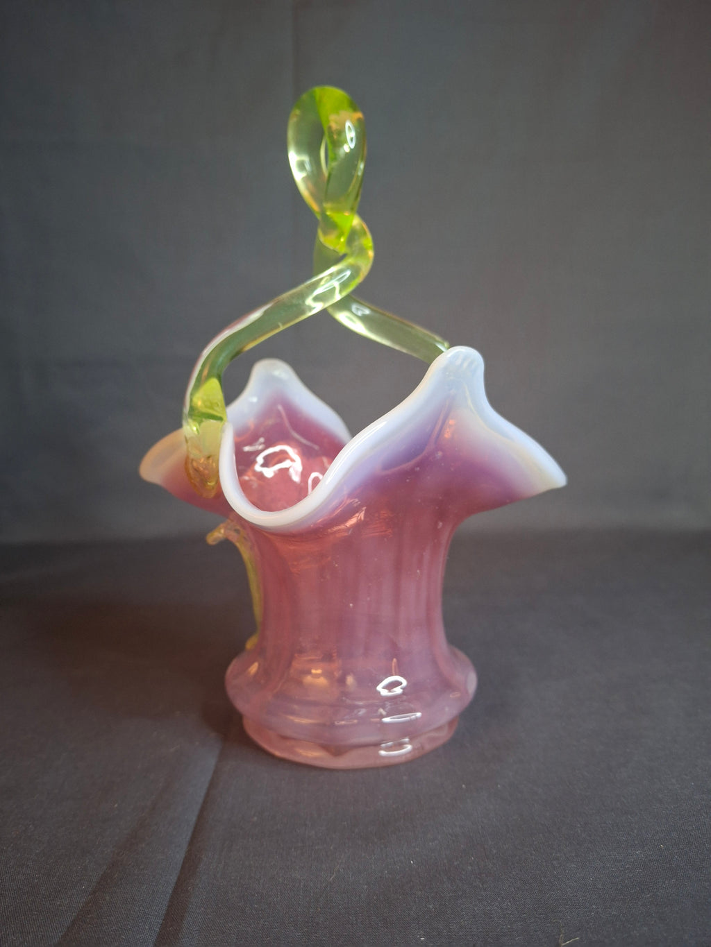 Antique Stevens & Williams Art Glass Basket - Pink Opalescent Cased Glass - Applied Flower & Stem - Uranium Vaseline Glass Handle - Circa 1880s - Stourbridge England