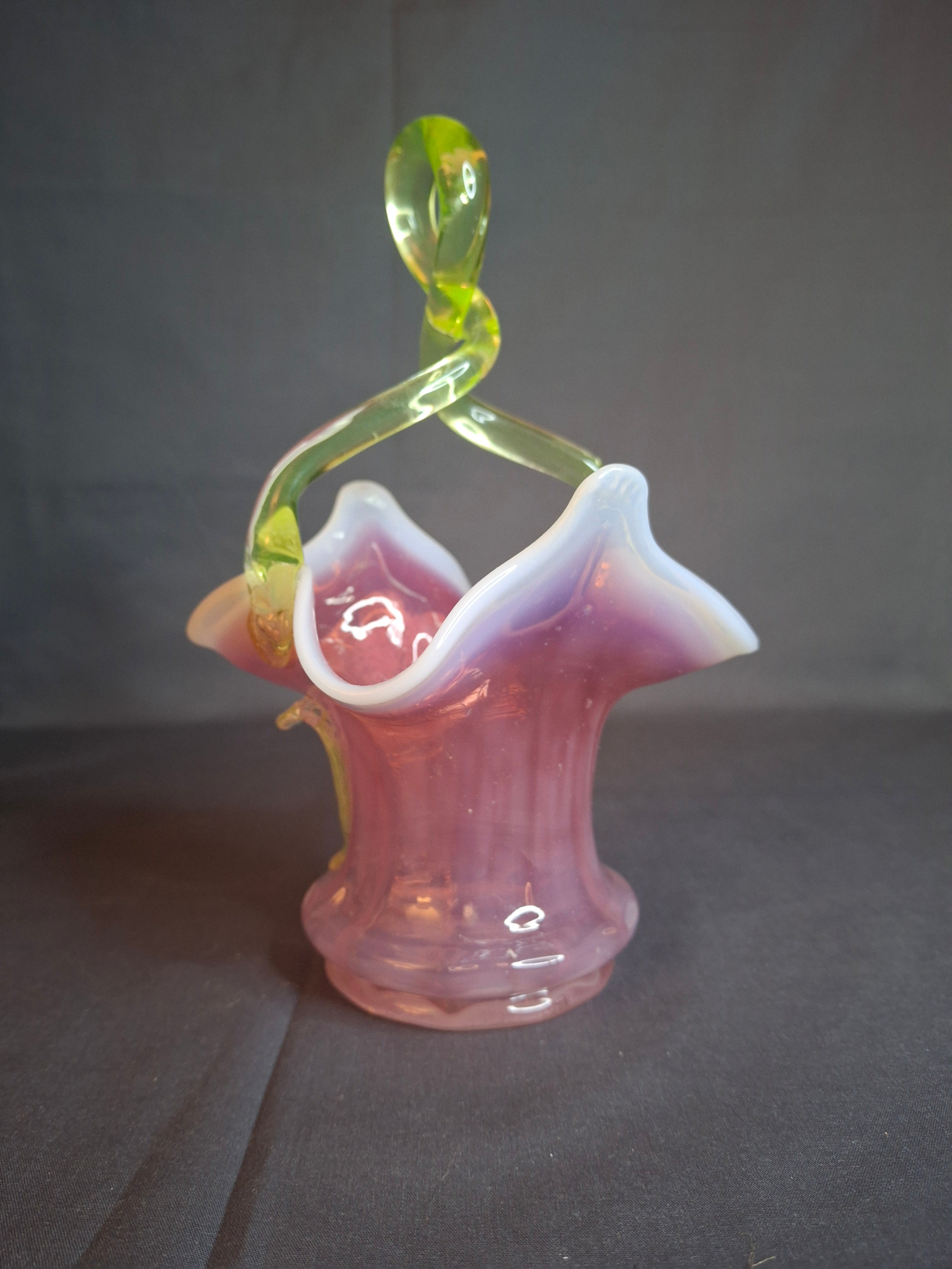 Antique Stevens & Williams Art Glass Basket - Pink Opalescent Cased Glass - Applied Flower & Stem - Uranium Vaseline Glass Handle - Circa 1880s - Stourbridge England