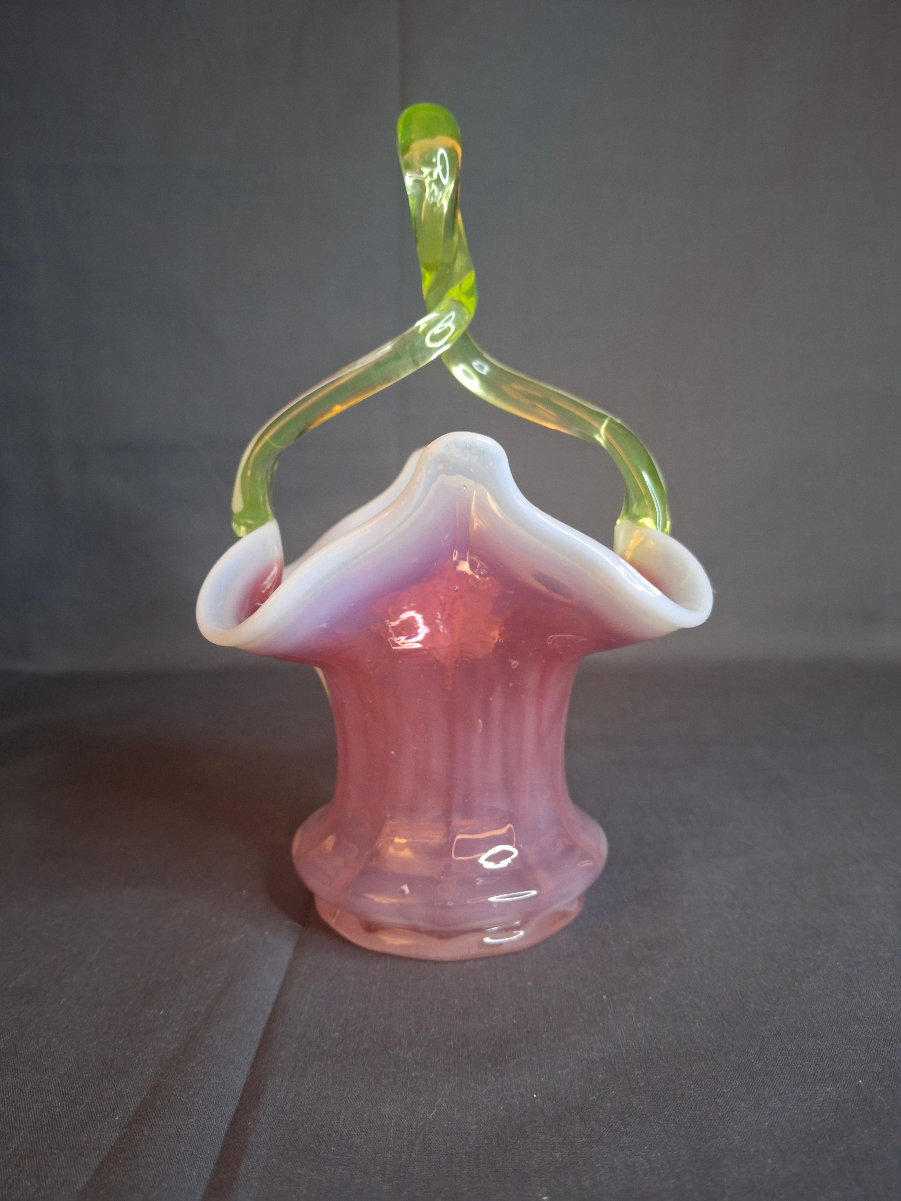 Antique Stevens & Williams Art Glass Basket - Pink Opalescent Cased Glass - Applied Flower & Stem - Uranium Vaseline Glass Handle - Circa 1880s - Stourbridge England