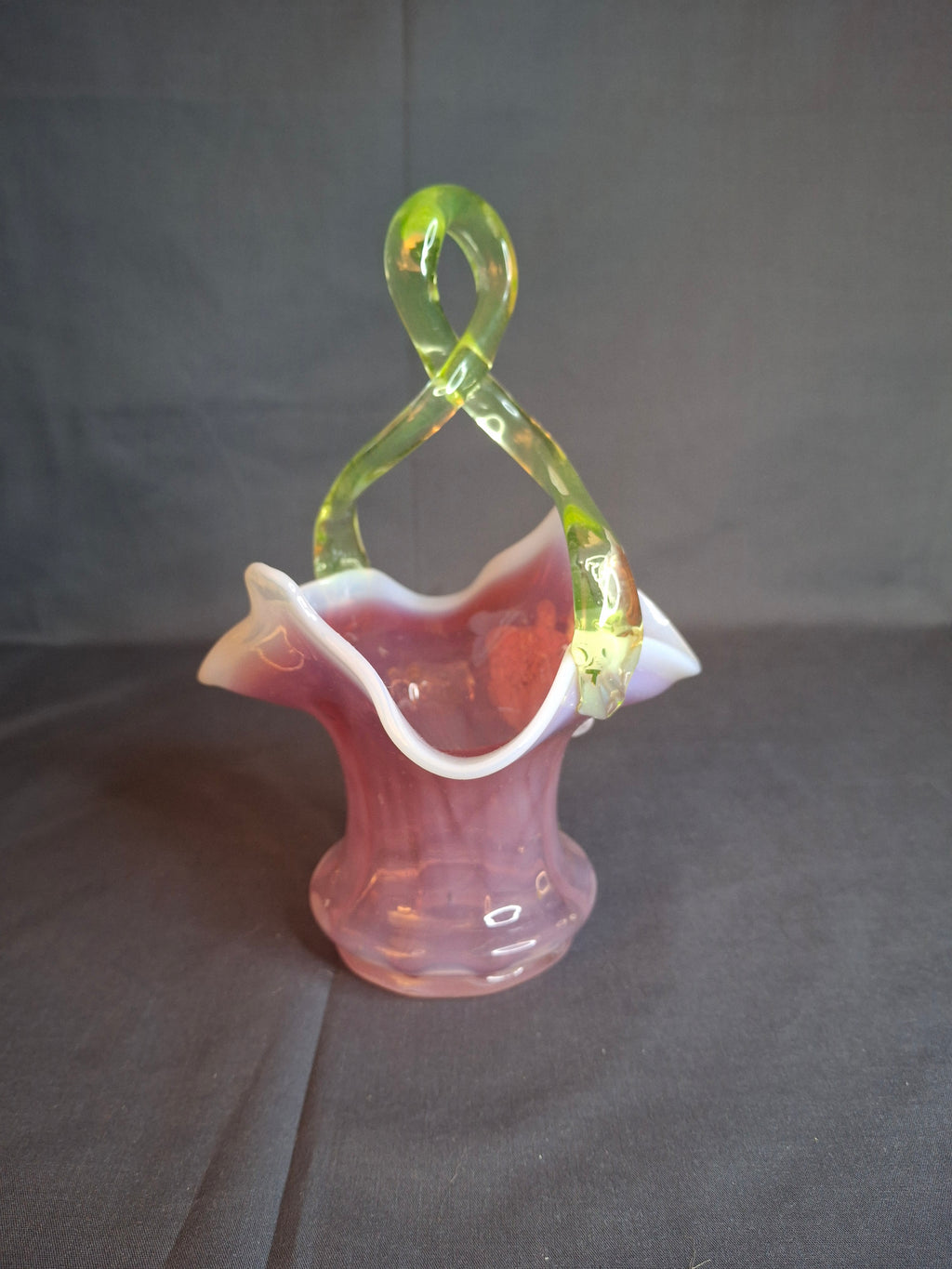 Antique Stevens & Williams Art Glass Basket - Pink Opalescent Cased Glass - Applied Flower & Stem - Uranium Vaseline Glass Handle - Circa 1880s - Stourbridge England