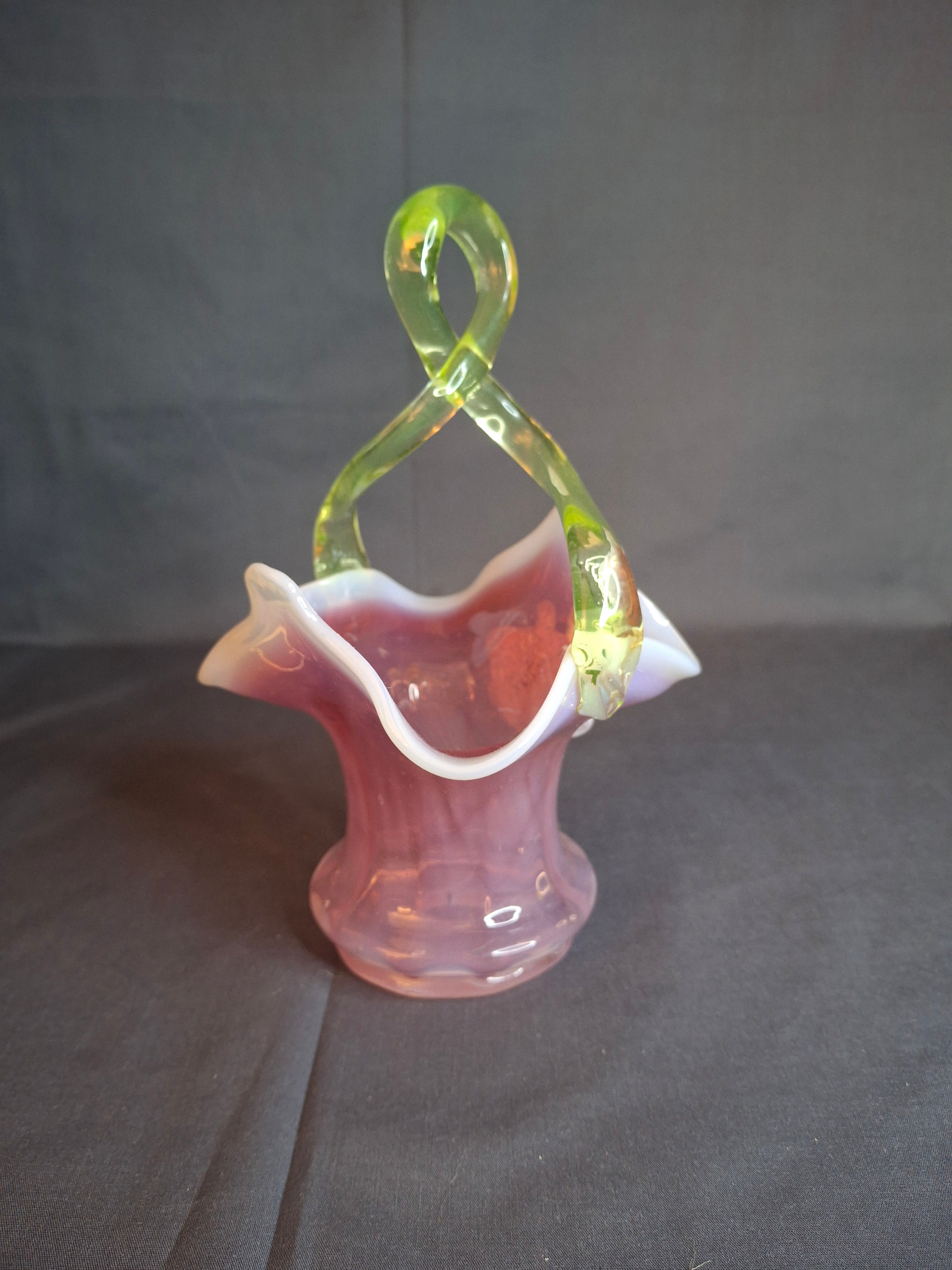 Antique Stevens & Williams Art Glass Basket - Pink Opalescent Cased Glass - Applied Flower & Stem - Uranium Vaseline Glass Handle - Circa 1880s - Stourbridge England