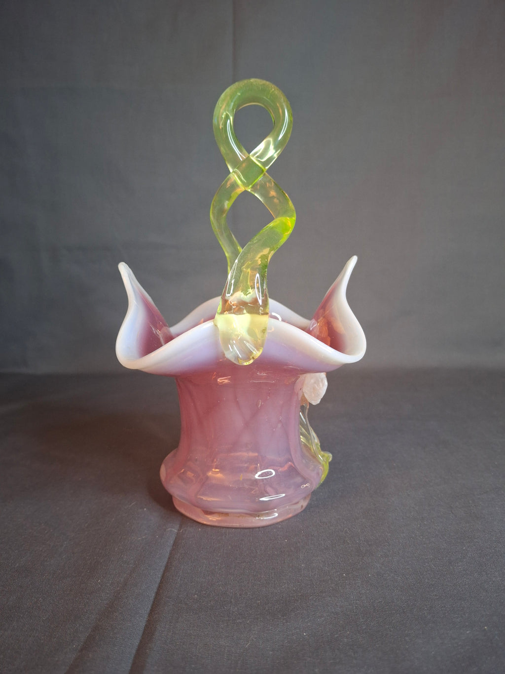 Antique Stevens & Williams Art Glass Basket - Pink Opalescent Cased Glass - Applied Flower & Stem - Uranium Vaseline Glass Handle - Circa 1880s - Stourbridge England