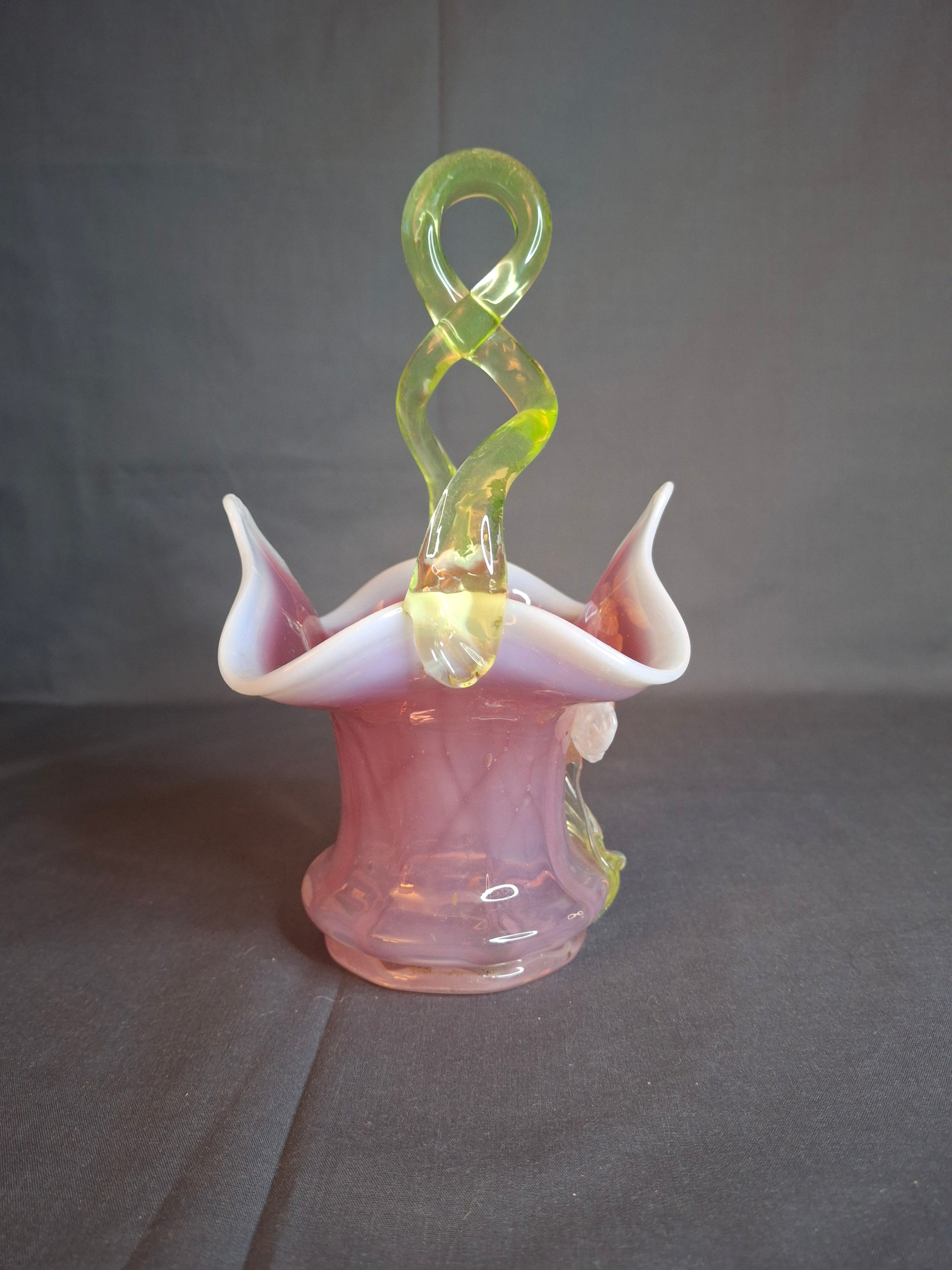 Antique Stevens & Williams Art Glass Basket - Pink Opalescent Cased Glass - Applied Flower & Stem - Uranium Vaseline Glass Handle - Circa 1880s - Stourbridge England