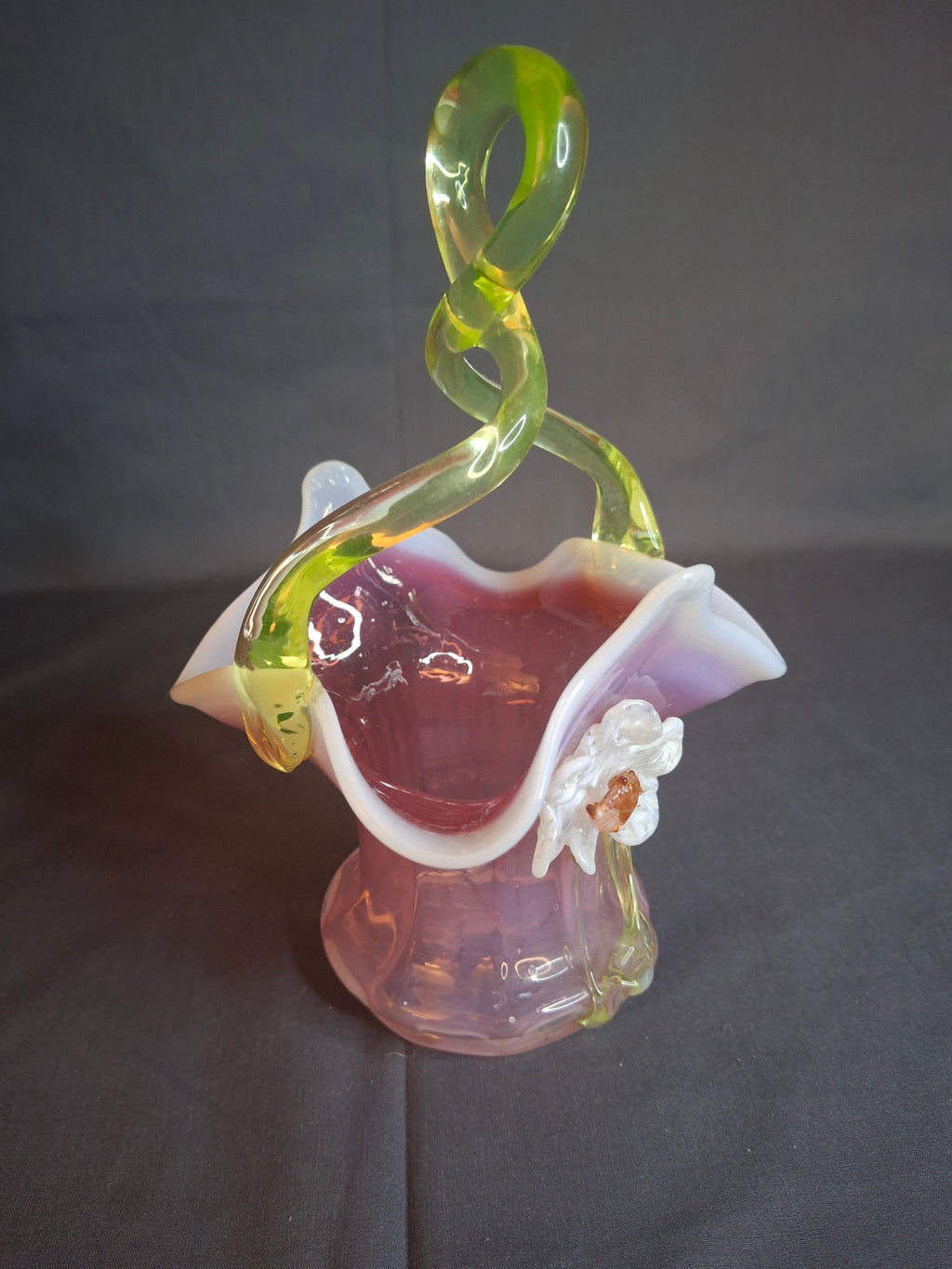 Antique Stevens & Williams Art Glass Basket - Pink Opalescent Cased Glass - Applied Flower & Stem - Uranium Vaseline Glass Handle - Circa 1880s - Stourbridge England