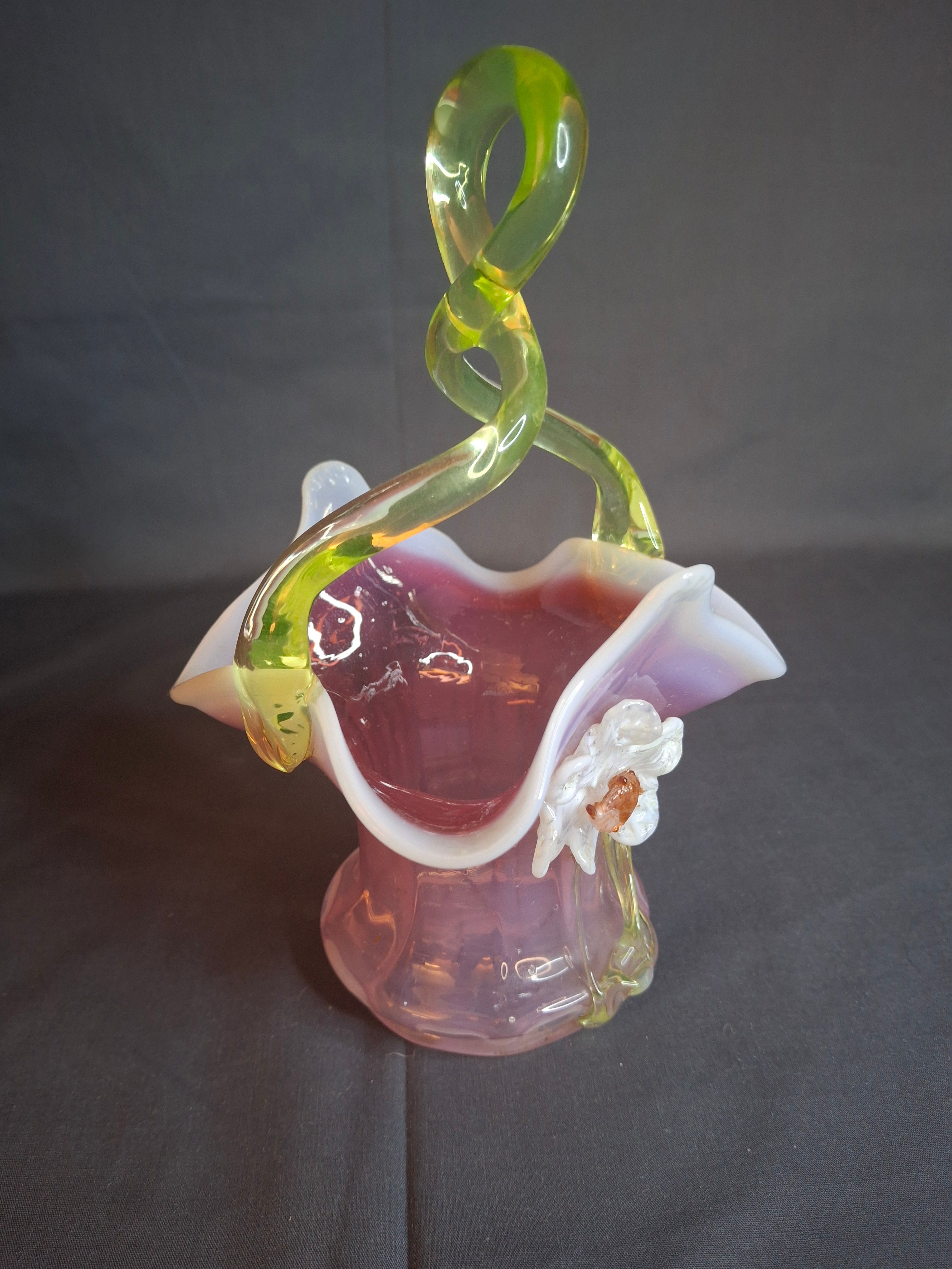 Antique Stevens & Williams Art Glass Basket - Pink Opalescent Cased Glass - Applied Flower & Stem - Uranium Vaseline Glass Handle - Circa 1880s - Stourbridge England