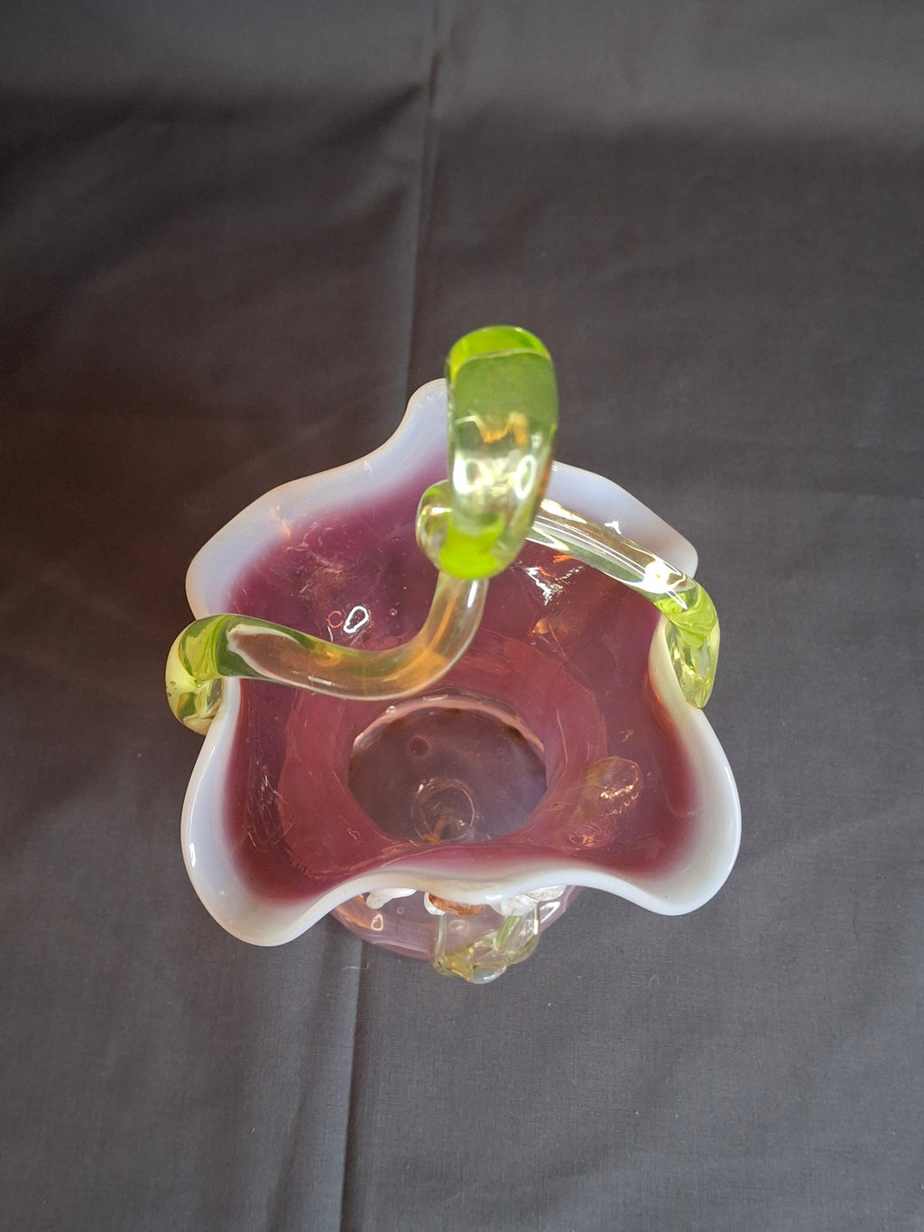 Antique Stevens & Williams Art Glass Basket - Pink Opalescent Cased Glass - Applied Flower & Stem - Uranium Vaseline Glass Handle - Circa 1880s - Stourbridge England