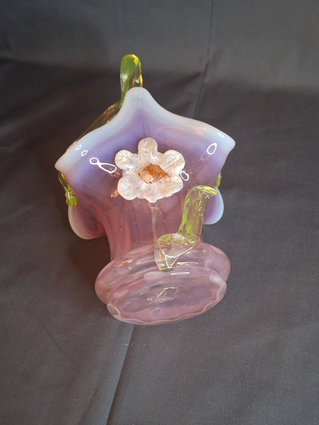 Antique Stevens & Williams Art Glass Basket - Pink Opalescent Cased Glass - Applied Flower & Stem - Uranium Vaseline Glass Handle - Circa 1880s - Stourbridge England