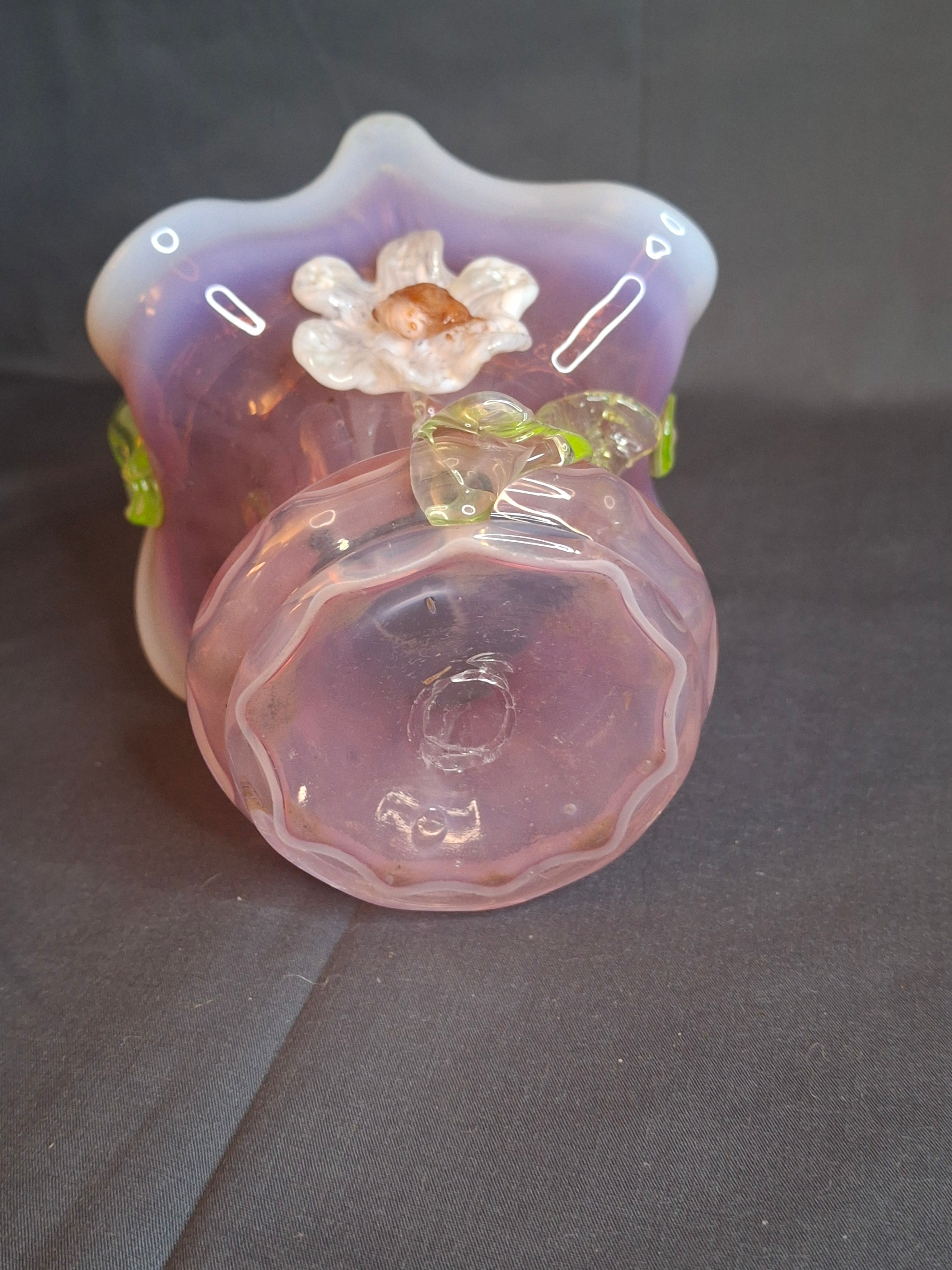 Antique Stevens & Williams Art Glass Basket - Pink Opalescent Cased Glass - Applied Flower & Stem - Uranium Vaseline Glass Handle - Circa 1880s - Stourbridge England