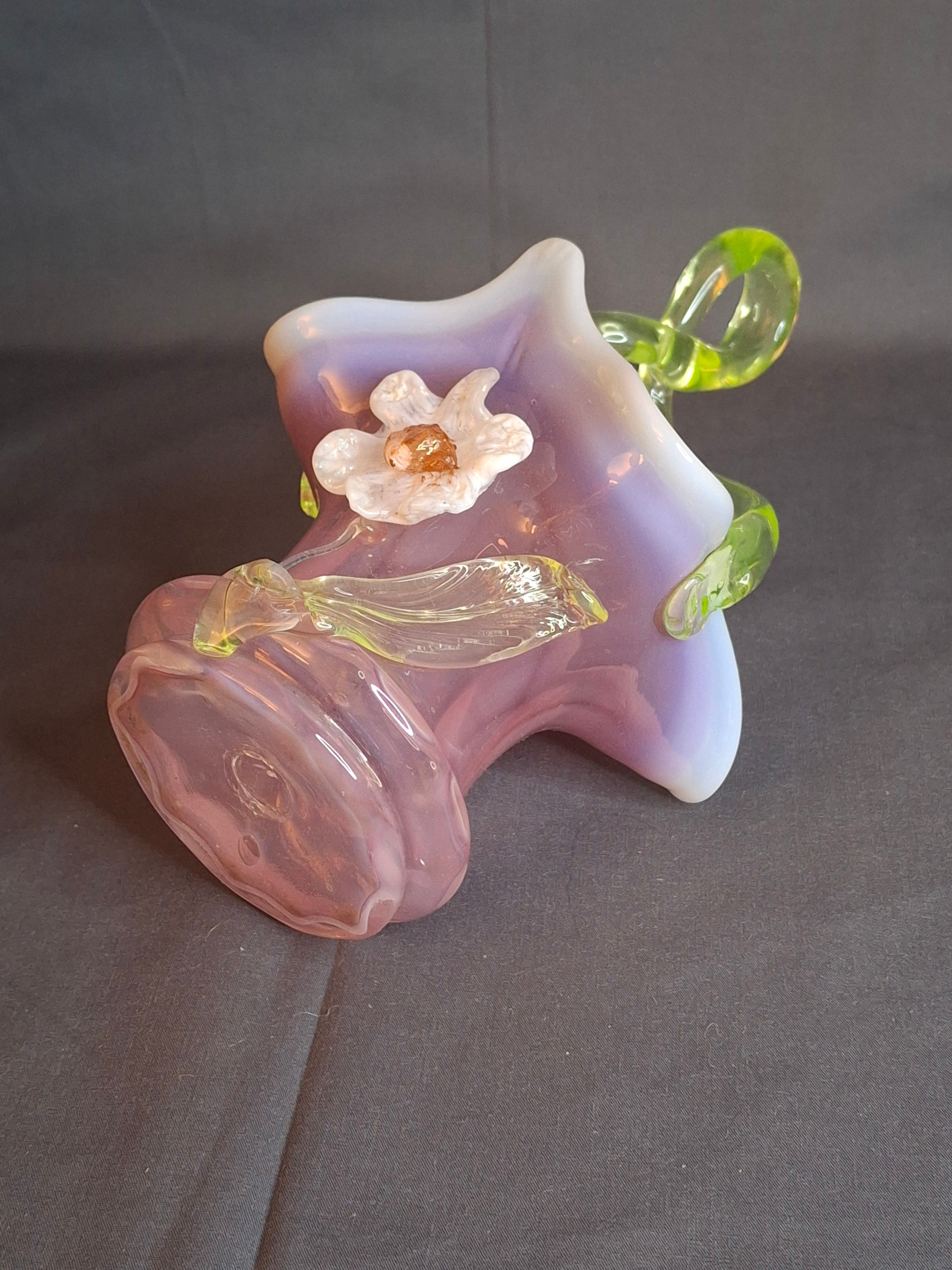 Antique Stevens & Williams Art Glass Basket - Pink Opalescent Cased Glass - Applied Flower & Stem - Uranium Vaseline Glass Handle - Circa 1880s - Stourbridge England