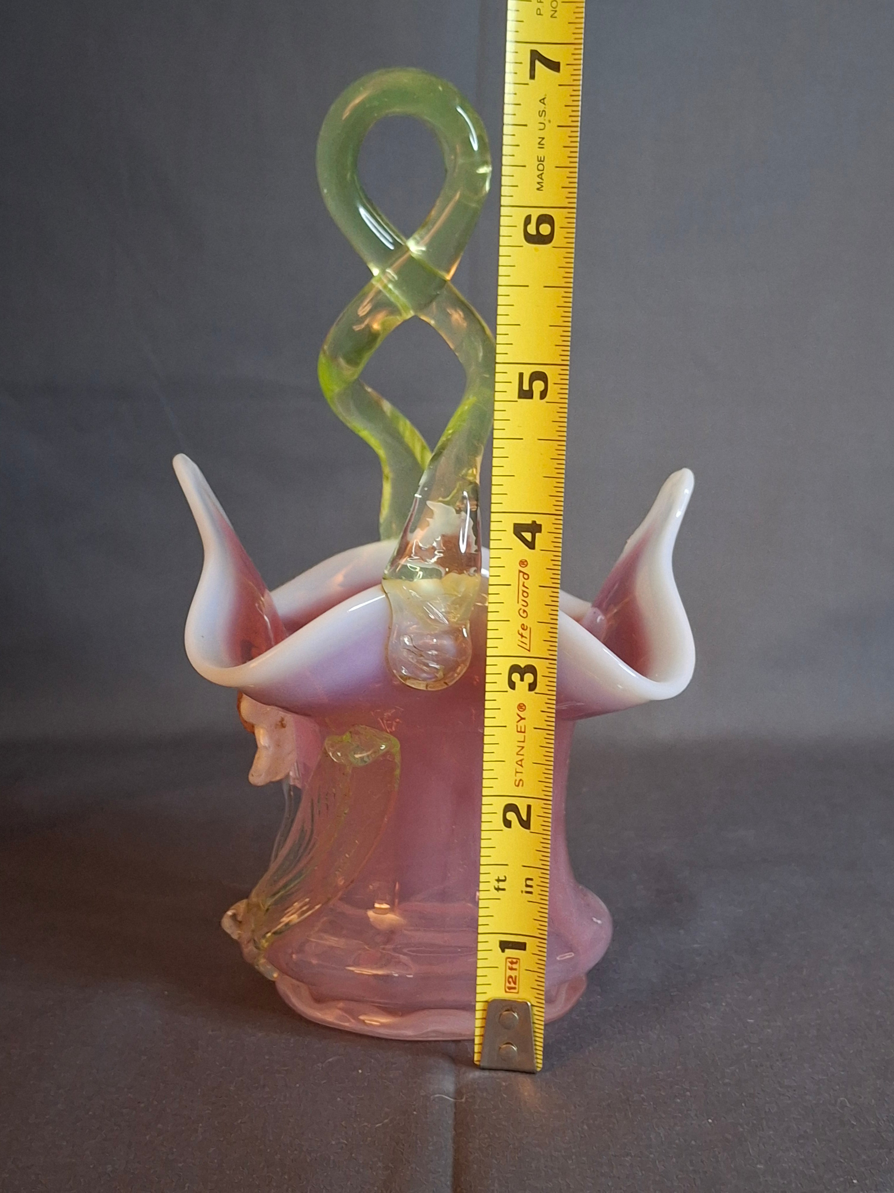 Antique Stevens & Williams Art Glass Basket - Pink Opalescent Cased Glass - Applied Flower & Stem - Uranium Vaseline Glass Handle - Circa 1880s - Stourbridge England
