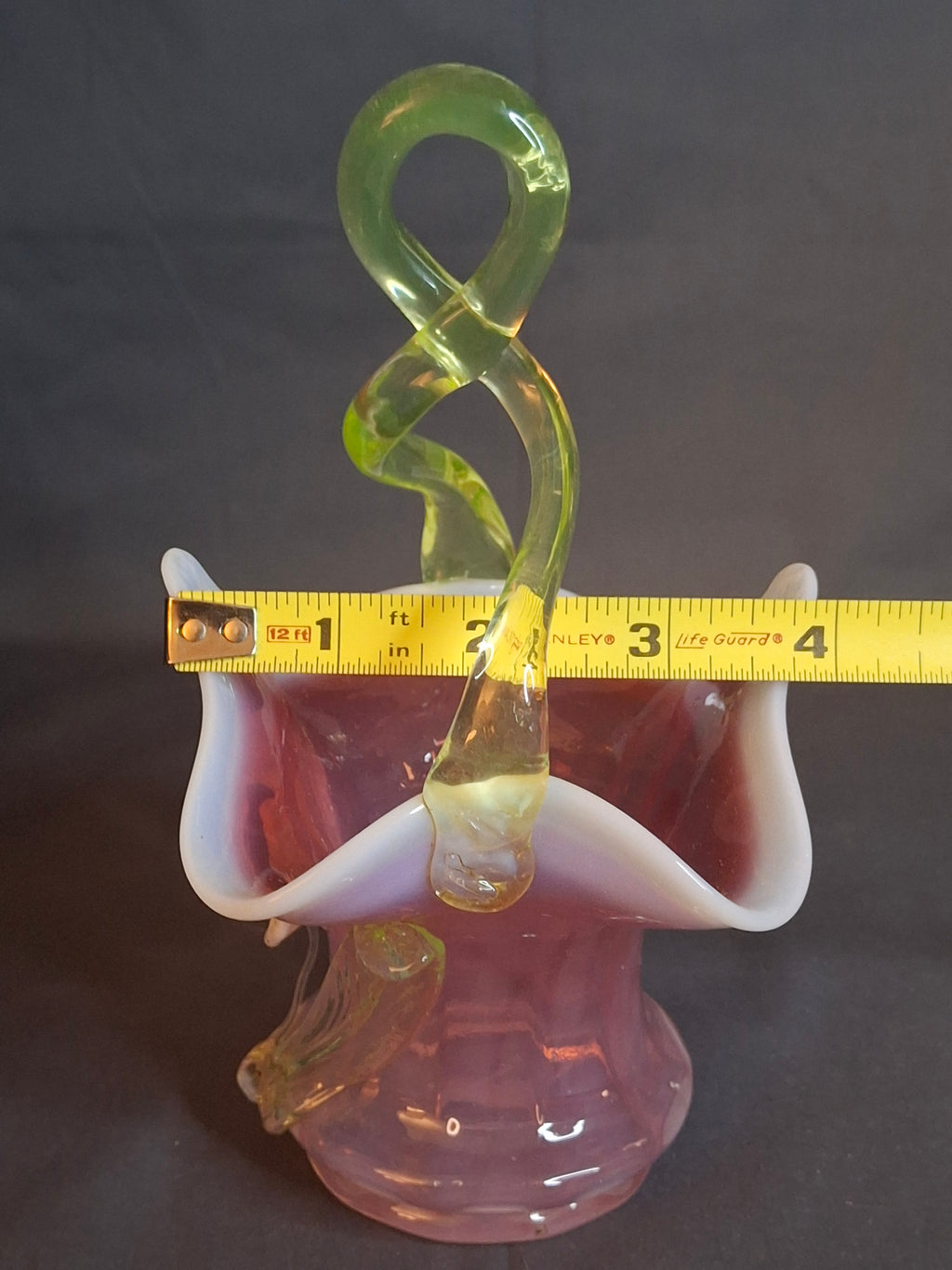 Antique Stevens & Williams Art Glass Basket - Pink Opalescent Cased Glass - Applied Flower & Stem - Uranium Vaseline Glass Handle - Circa 1880s - Stourbridge England