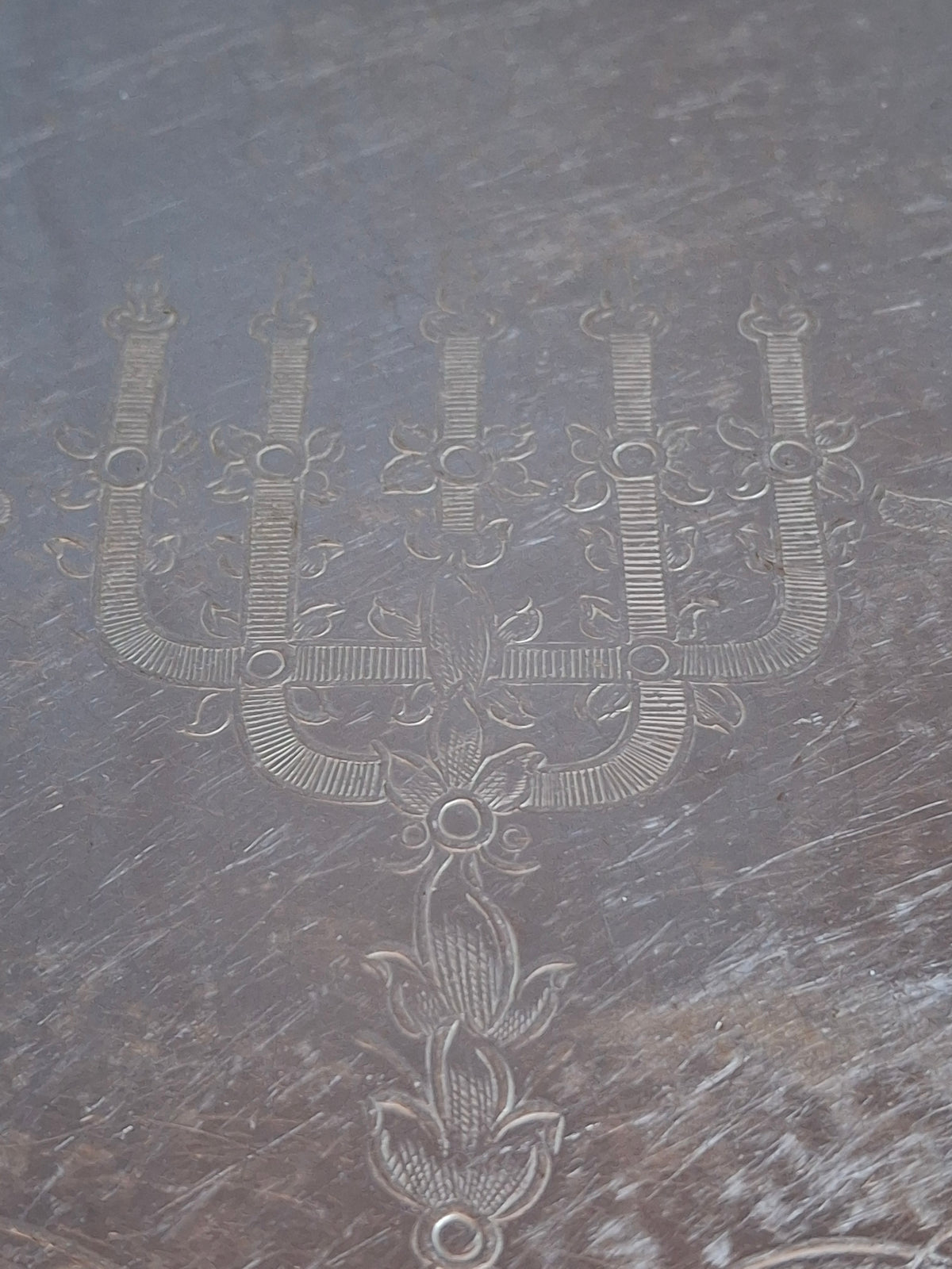 Vintage Chromium Shabbat Candle Tray Engraved Judaica Sabbath Blessing Menorah 11.5"