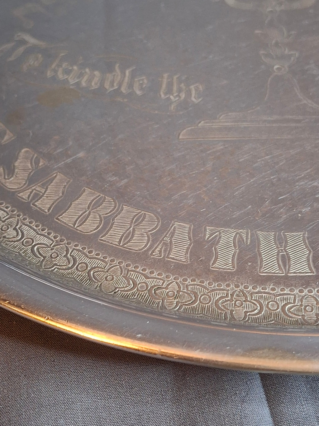 Vintage Chromium Shabbat Candle Tray Engraved Judaica Sabbath Blessing Menorah 11.5"
