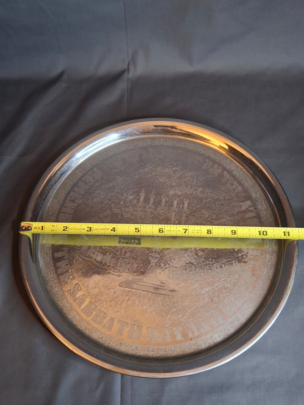 Vintage Chromium Shabbat Candle Tray Engraved Judaica Sabbath Blessing Menorah 11.5"