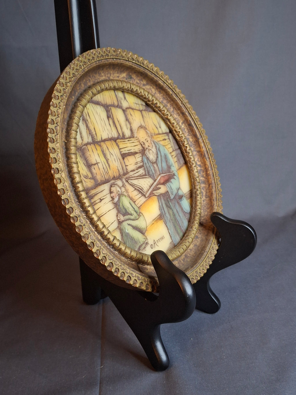 Vintage Artini Arts Judaica Wall Plaque Kotel Western Wall Rabbis Praying Carvelo Frame 7.75"