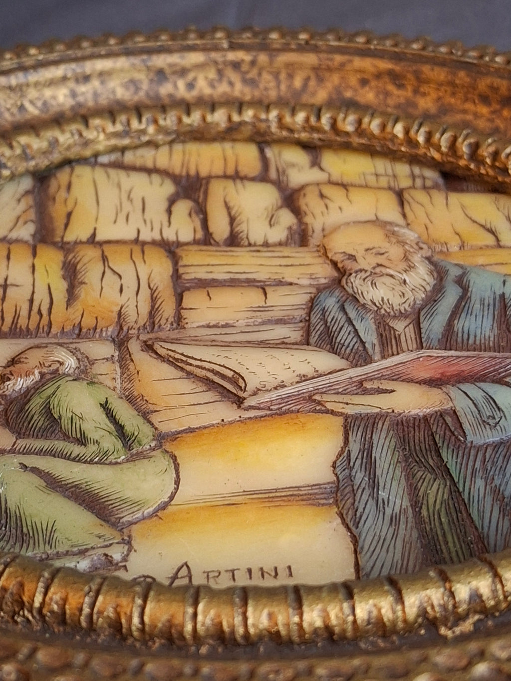 Vintage Artini Arts Judaica Wall Plaque Kotel Western Wall Rabbis Praying Carvelo Frame 7.75"