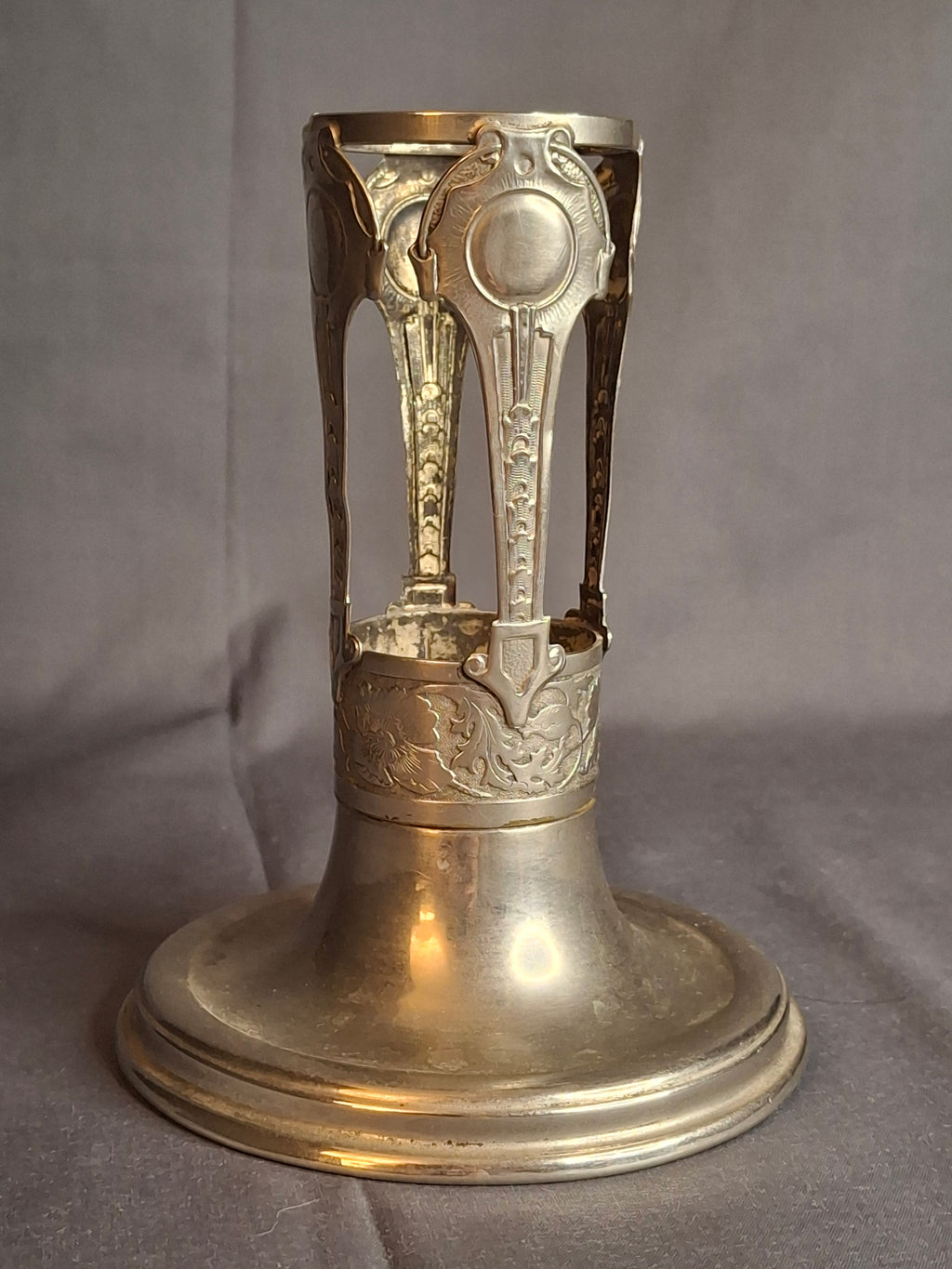 Antique Art Nouveau Silver Plate Poppy Flower Vase Holder Trumpet Frame c. 1900
