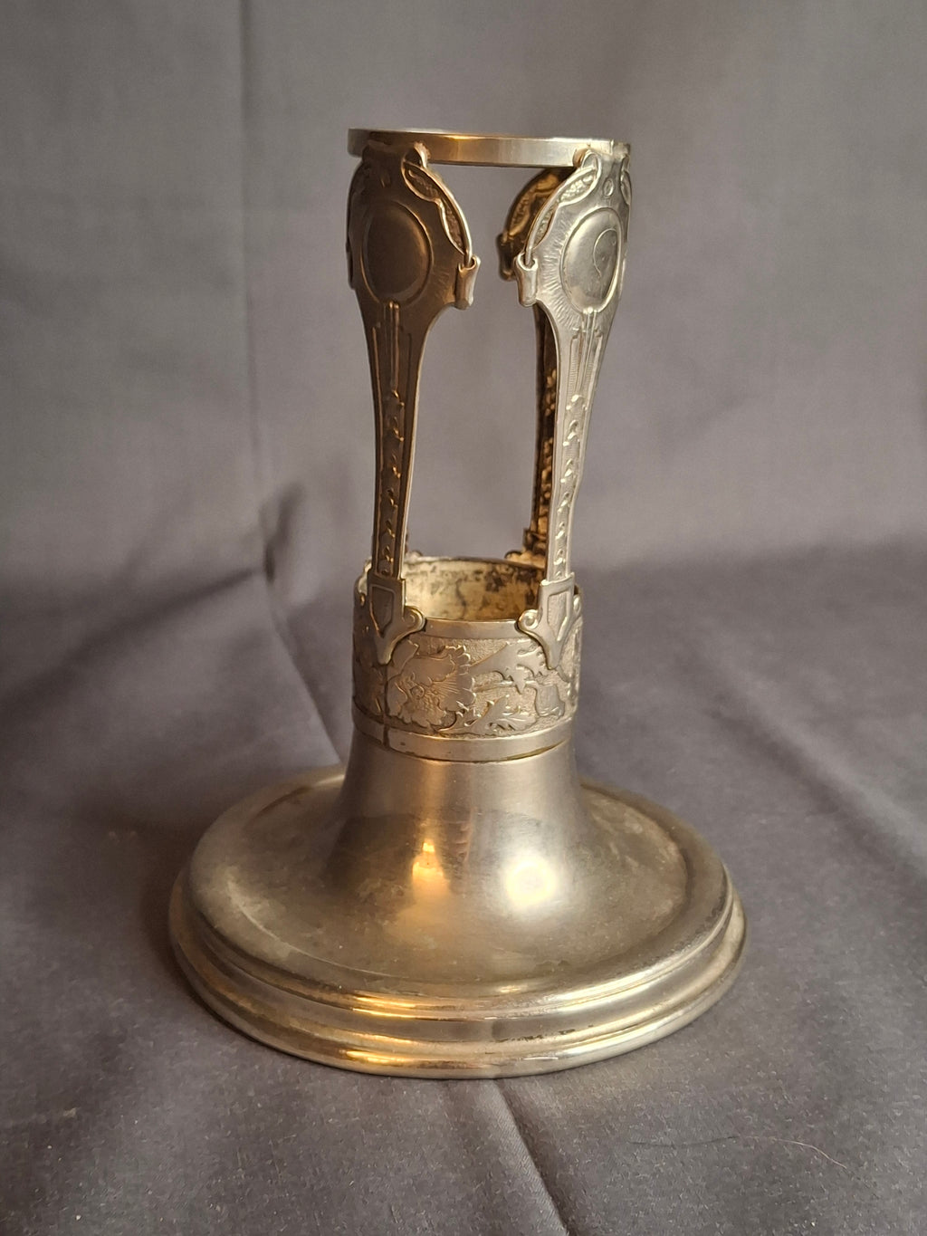 Antique Art Nouveau Silver Plate Poppy Flower Vase Holder Trumpet Frame c. 1900