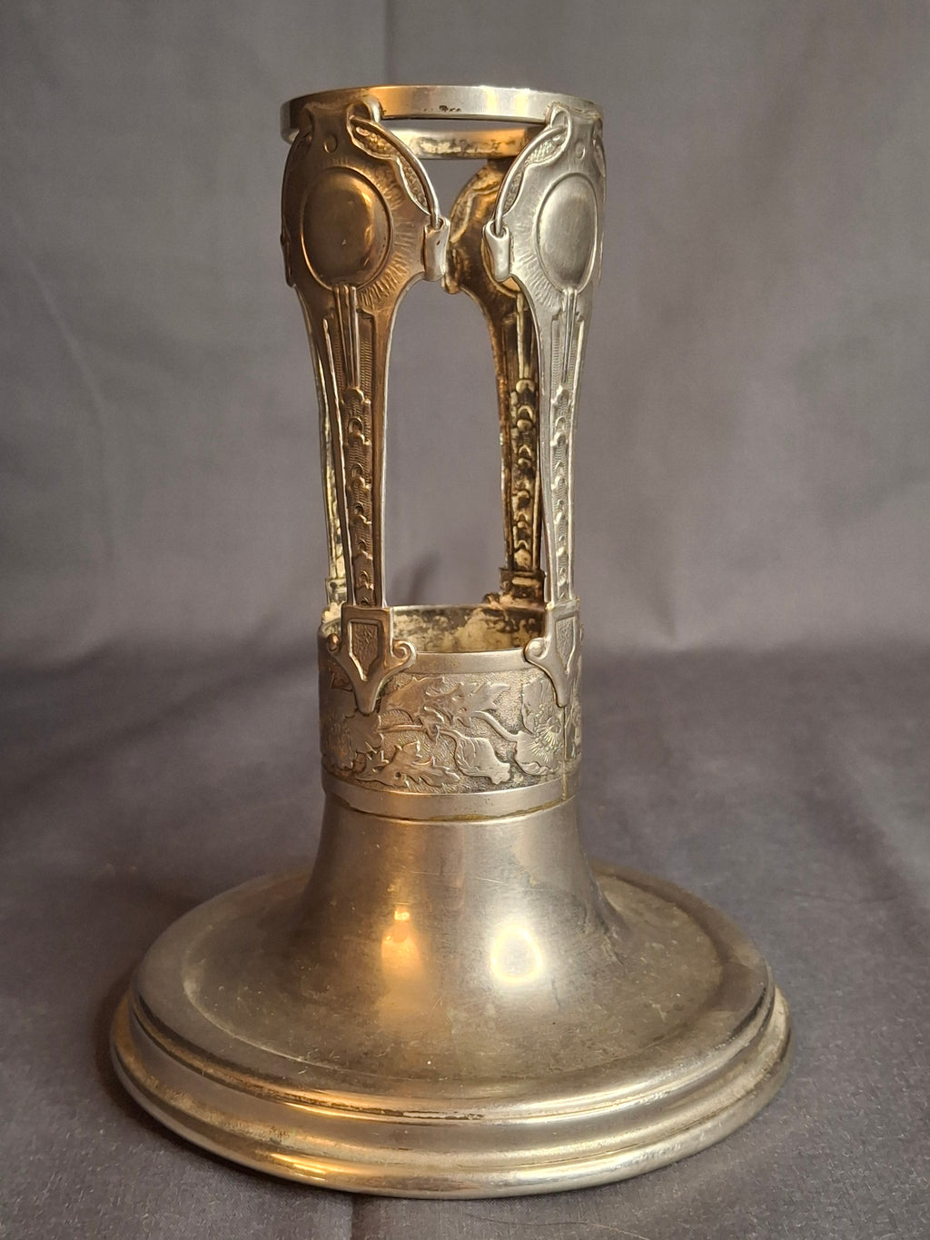 Antique Art Nouveau Silver Plate Poppy Flower Vase Holder Trumpet Frame c. 1900