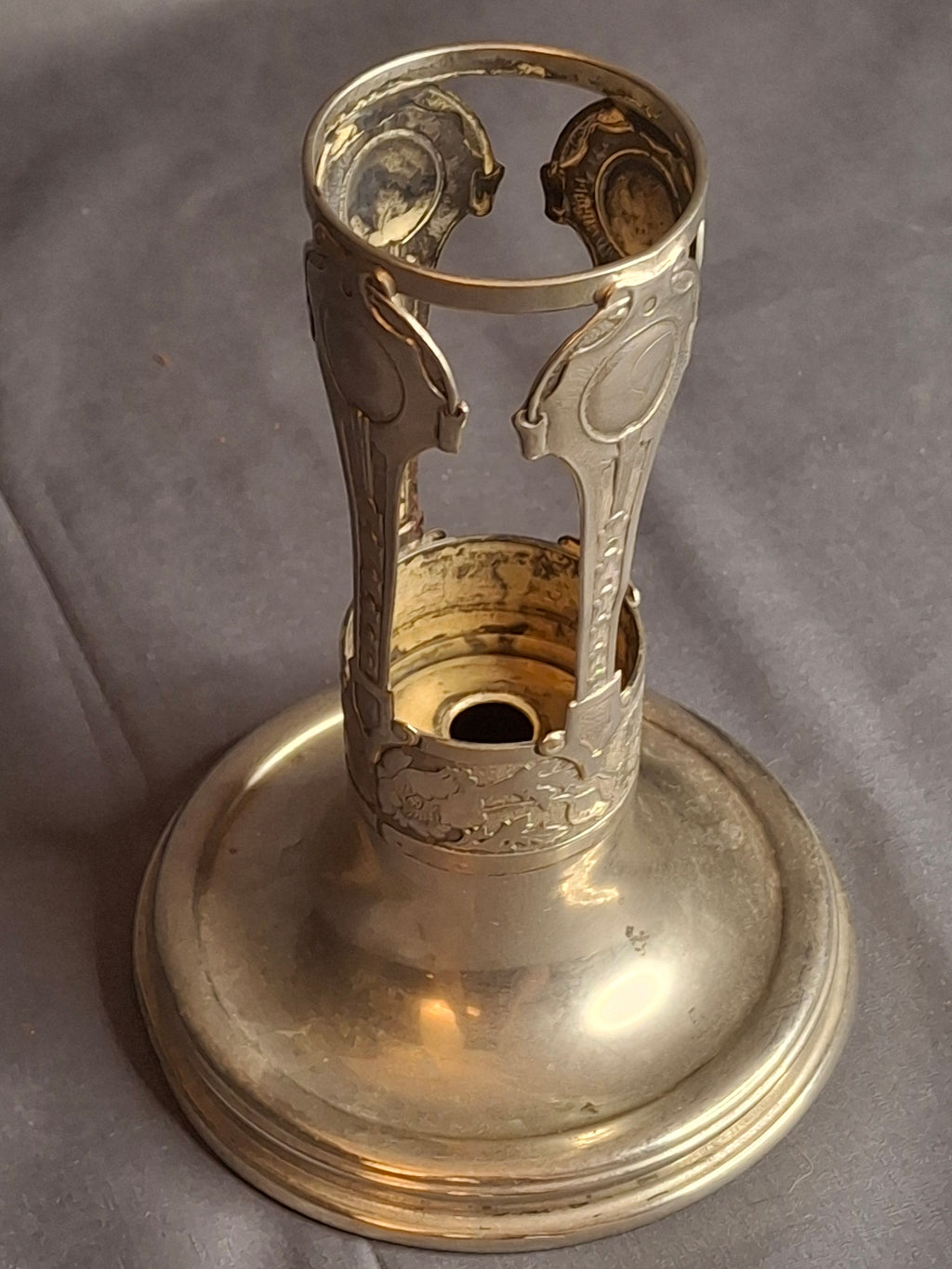 Antique Art Nouveau Silver Plate Poppy Flower Vase Holder Trumpet Frame c. 1900