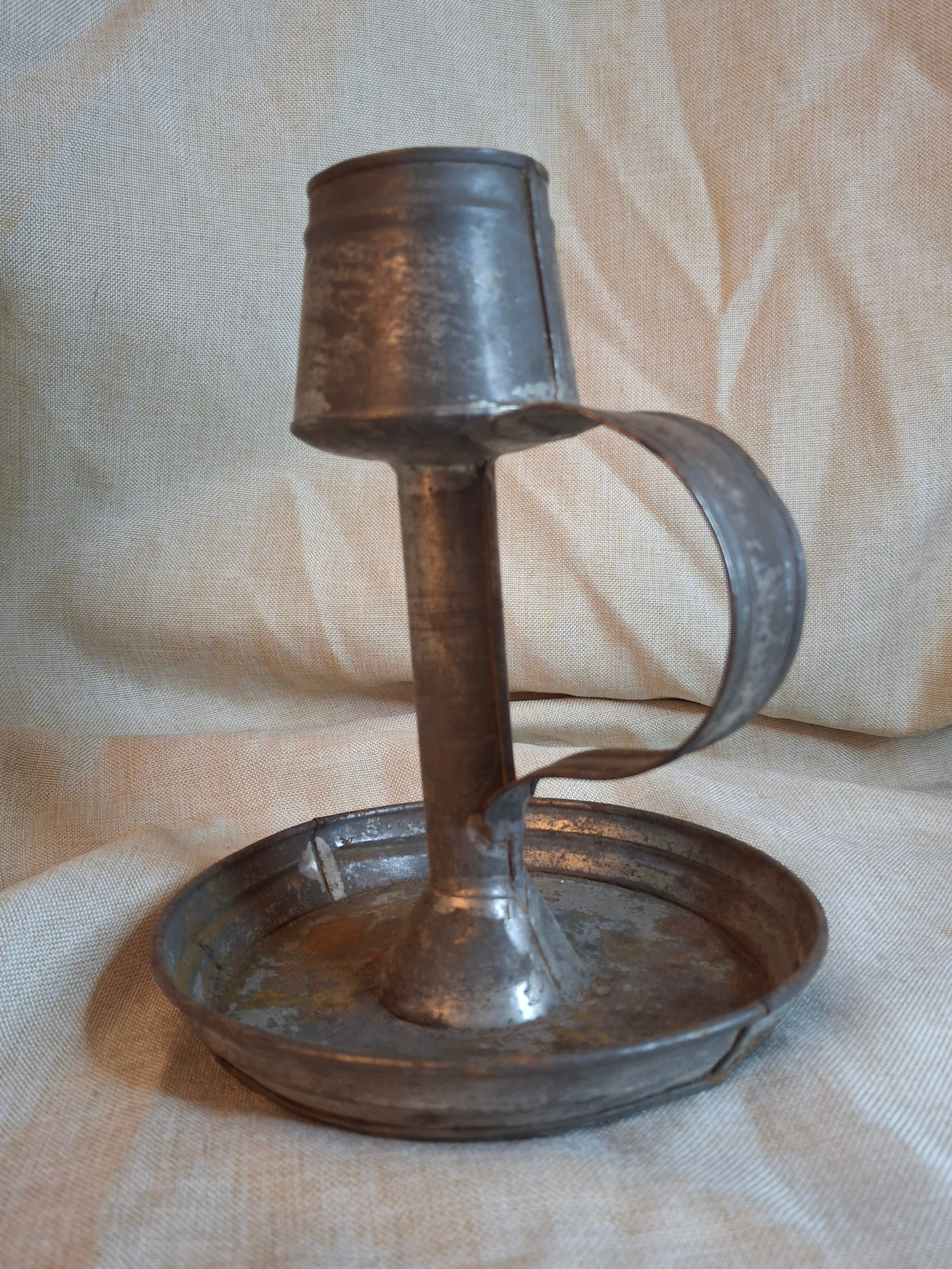 Antique 19thC Tin Lard Lamp Tall Saucer Base Primitive Grease Fat Oil Lighting 7"