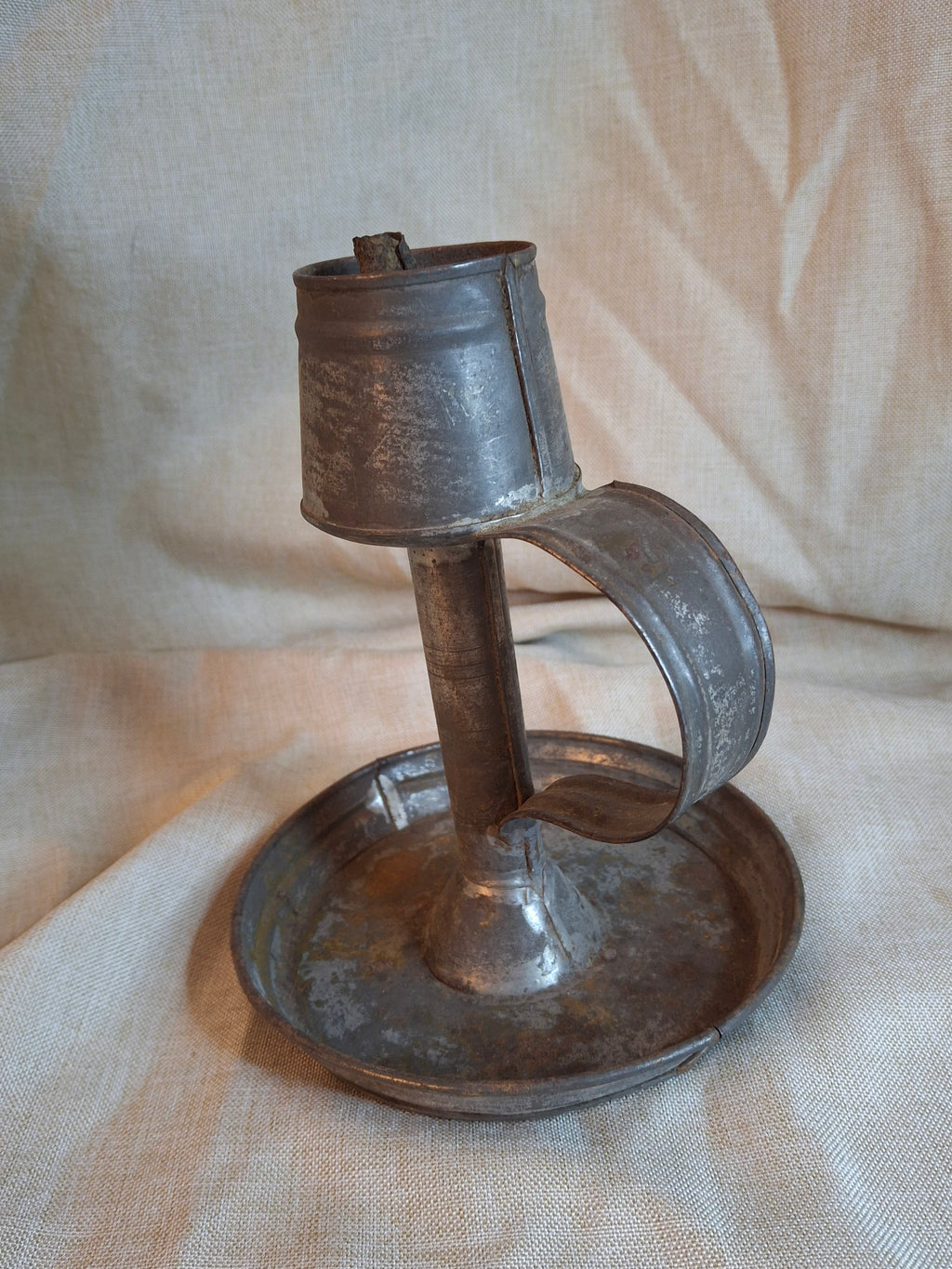 Antique 19thC Tin Lard Lamp Tall Saucer Base Primitive Grease Fat Oil Lighting 7"
