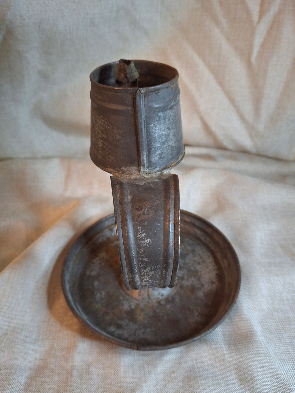 Antique 19thC Tin Lard Lamp Tall Saucer Base Primitive Grease Fat Oil Lighting 7"