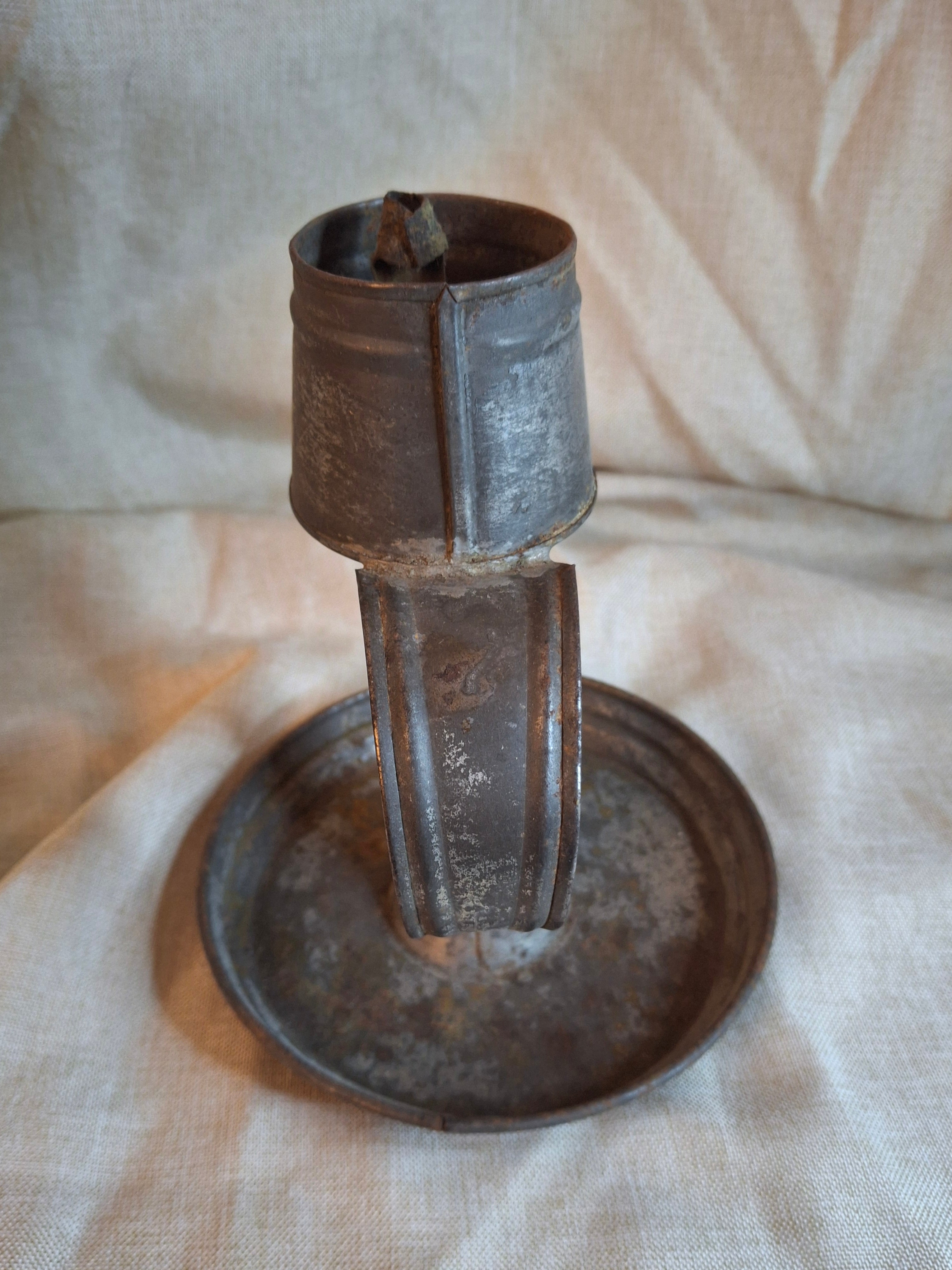 Antique 19thC Tin Lard Lamp Tall Saucer Base Primitive Grease Fat Oil Lighting 7"