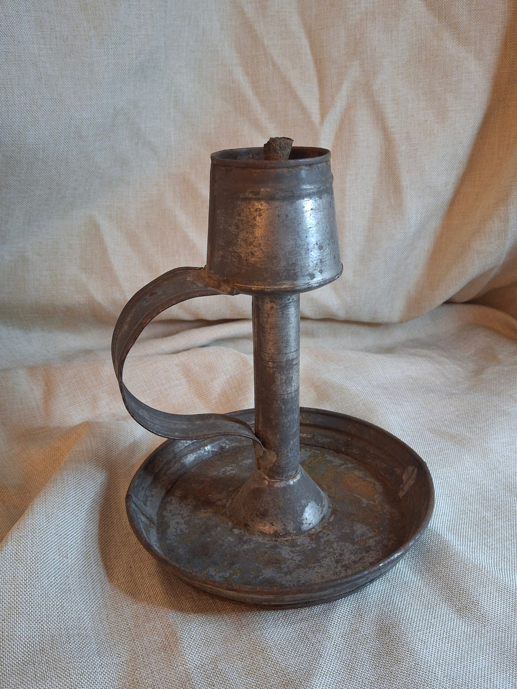 Antique 19thC Tin Lard Lamp Tall Saucer Base Primitive Grease Fat Oil Lighting 7"