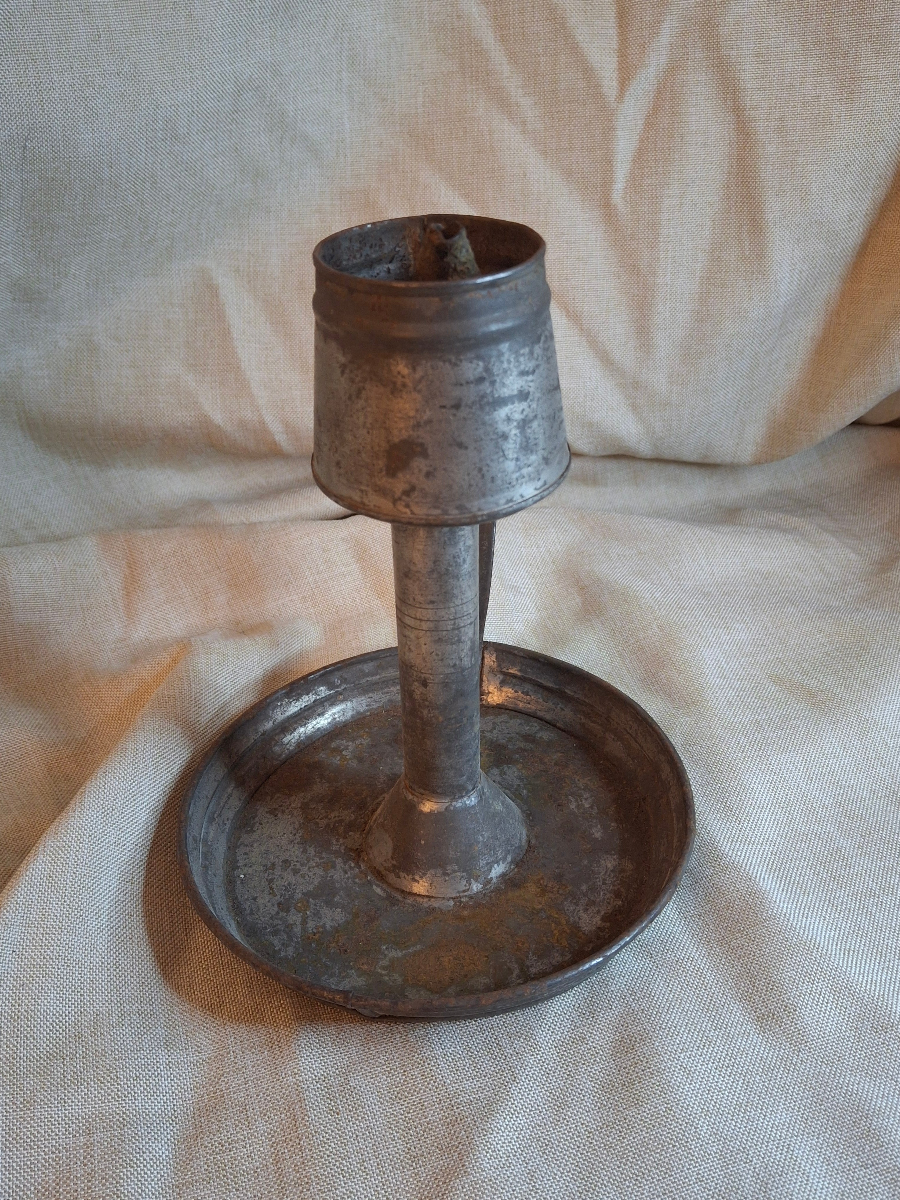 Antique 19thC Tin Lard Lamp Tall Saucer Base Primitive Grease Fat Oil Lighting 7"