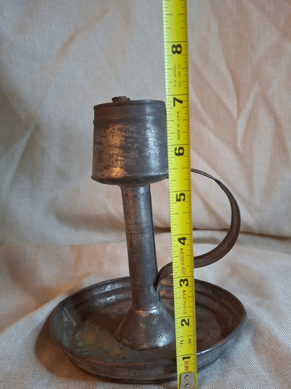 Antique 19thC Tin Lard Lamp Tall Saucer Base Primitive Grease Fat Oil Lighting 7"
